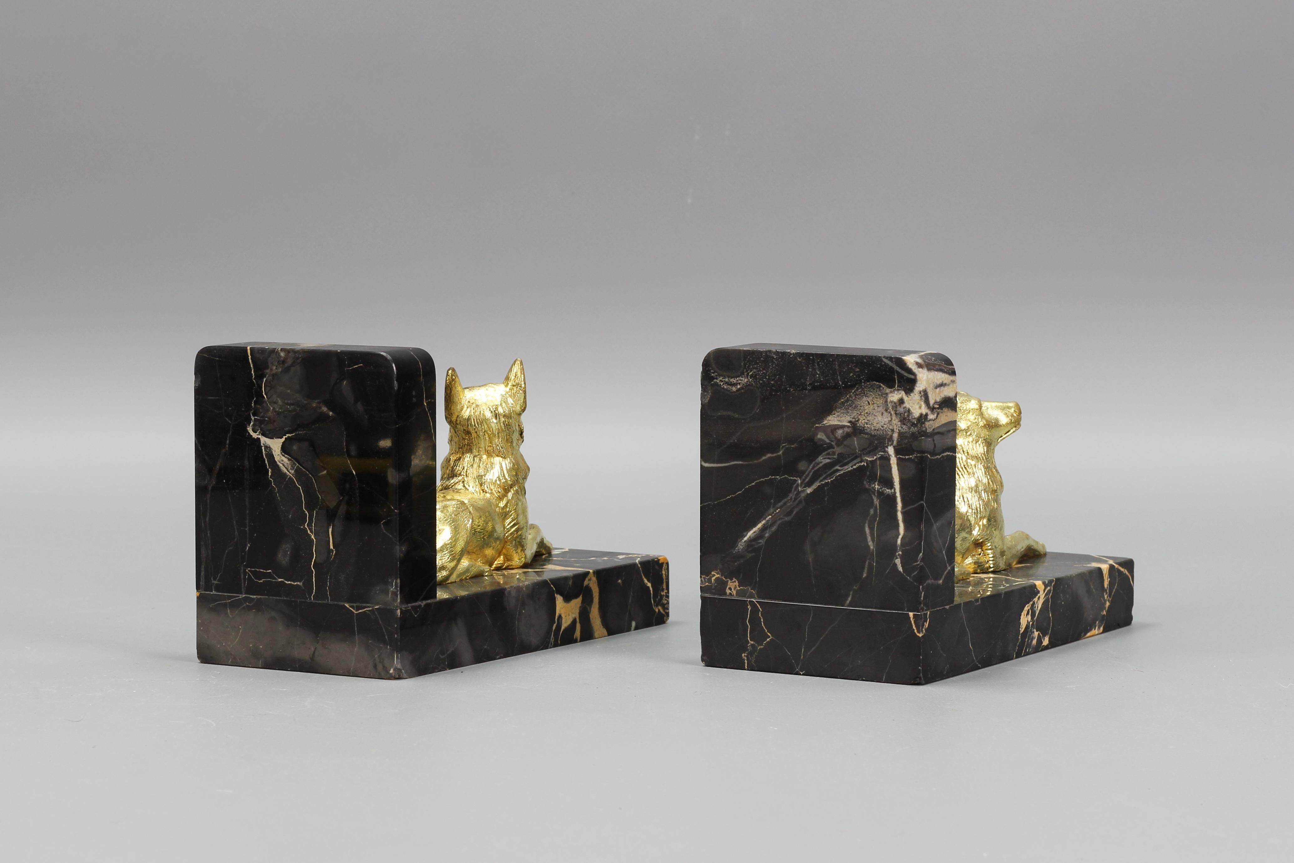 French Art Deco Gilt Bronze German Shepherd Dog and Black Marble Bookends For Sale 7