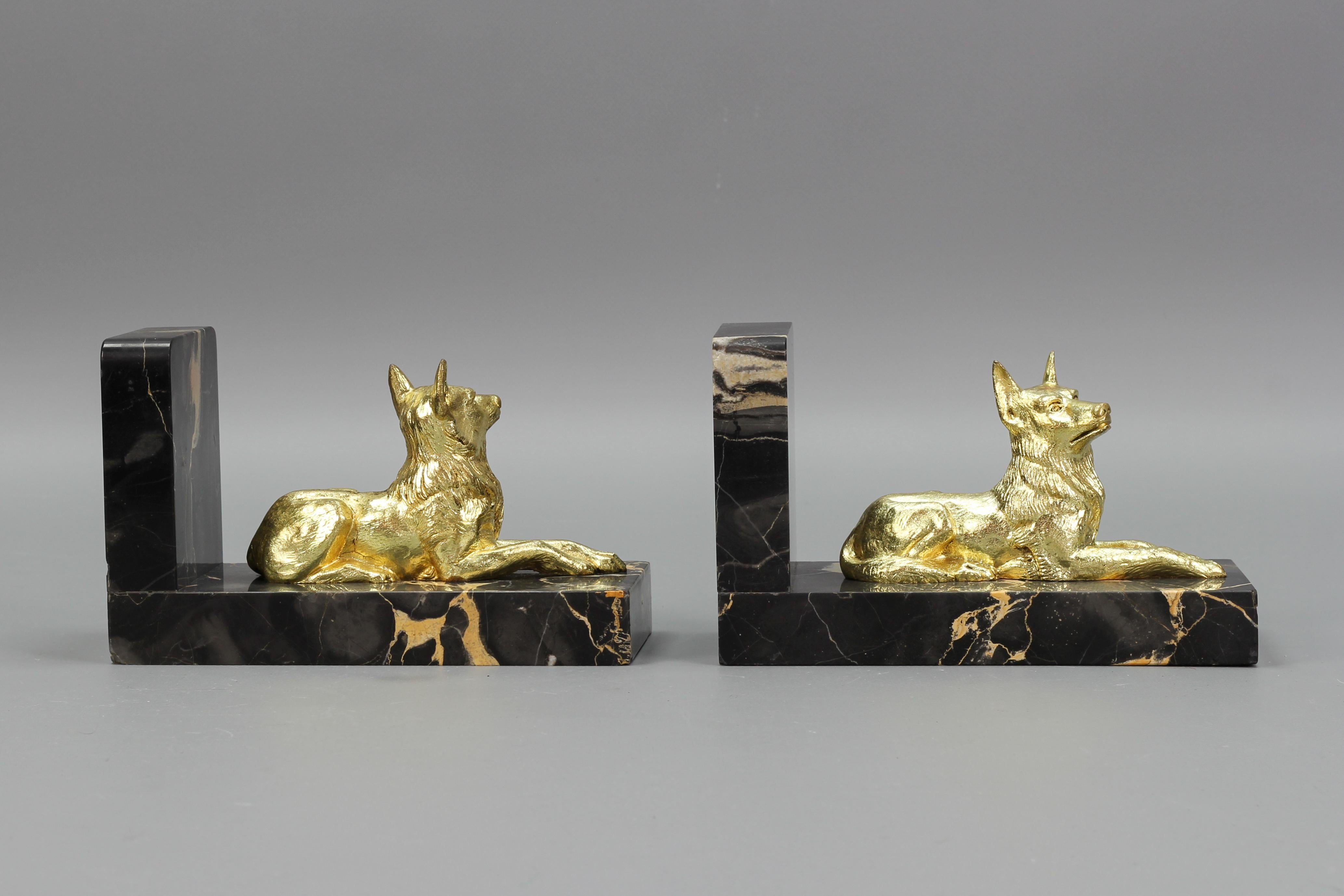 French Art Deco Gilt Bronze German Shepherd Dog and Black Marble Bookends For Sale 7