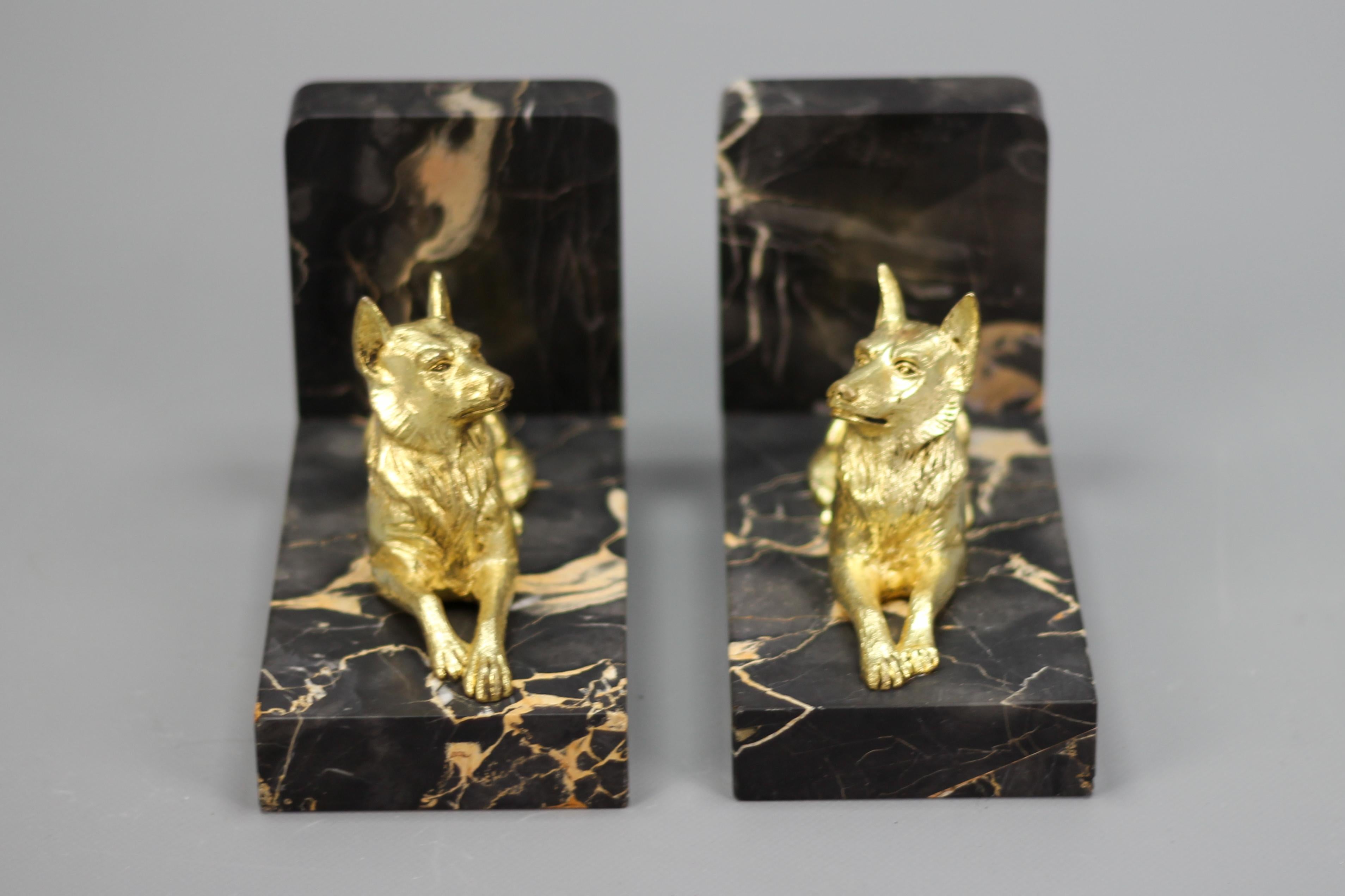 French Art Deco Gilt Bronze German Shepherd Dog and Black Marble Bookends For Sale 9