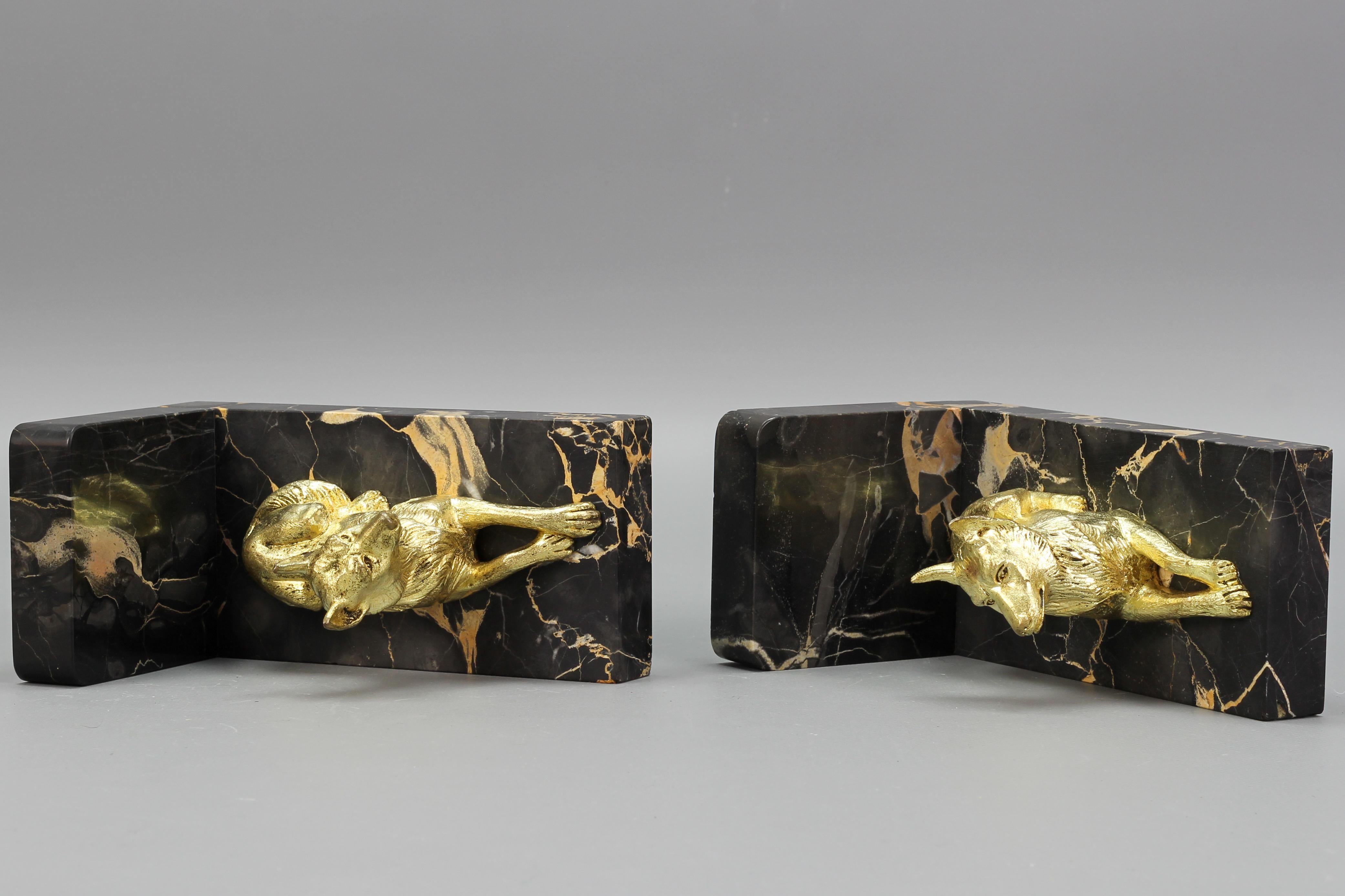 French Art Deco Gilt Bronze German Shepherd Dog and Black Marble Bookends For Sale 9