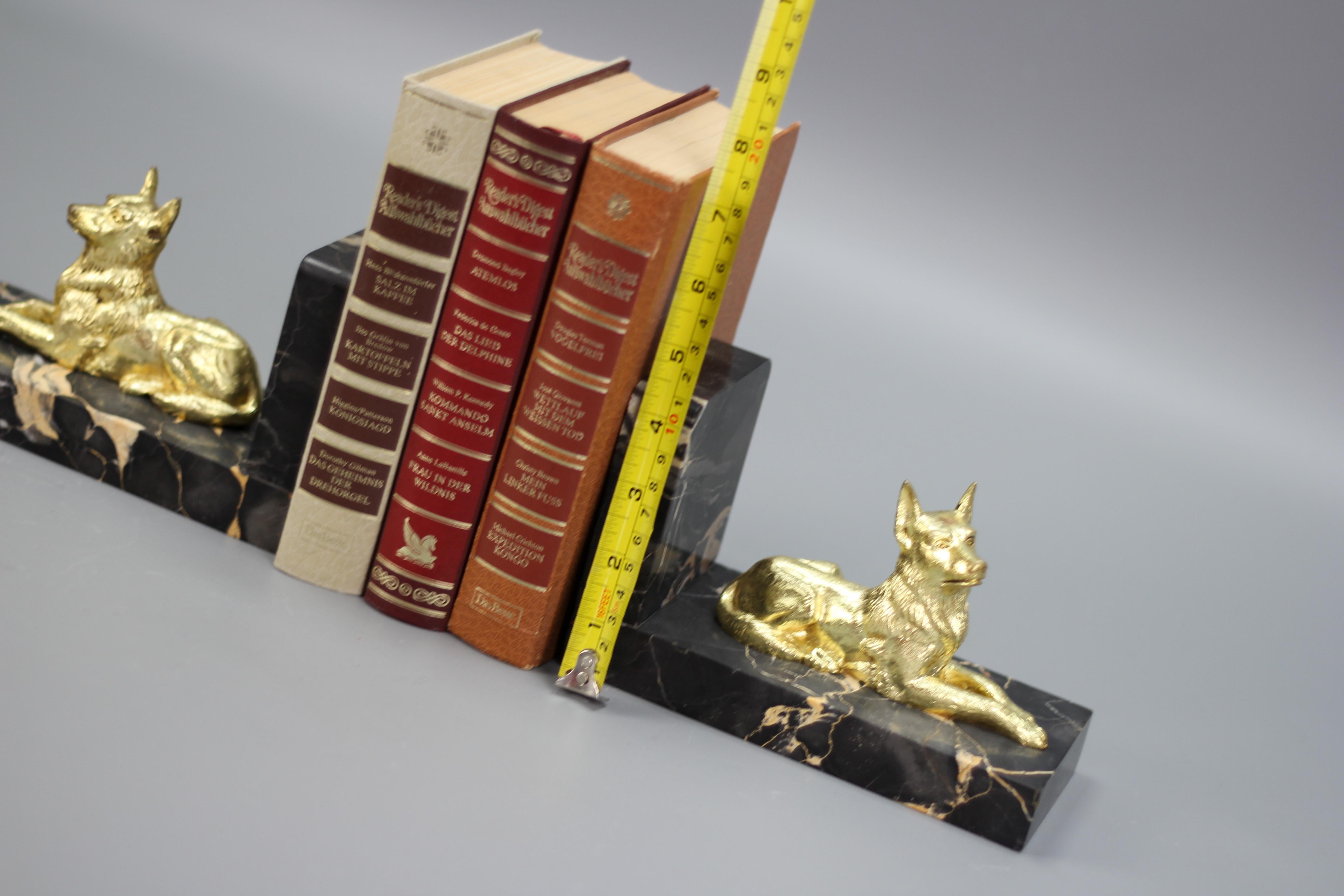 French Art Deco Gilt Bronze German Shepherd Dog and Black Marble Bookends For Sale 14