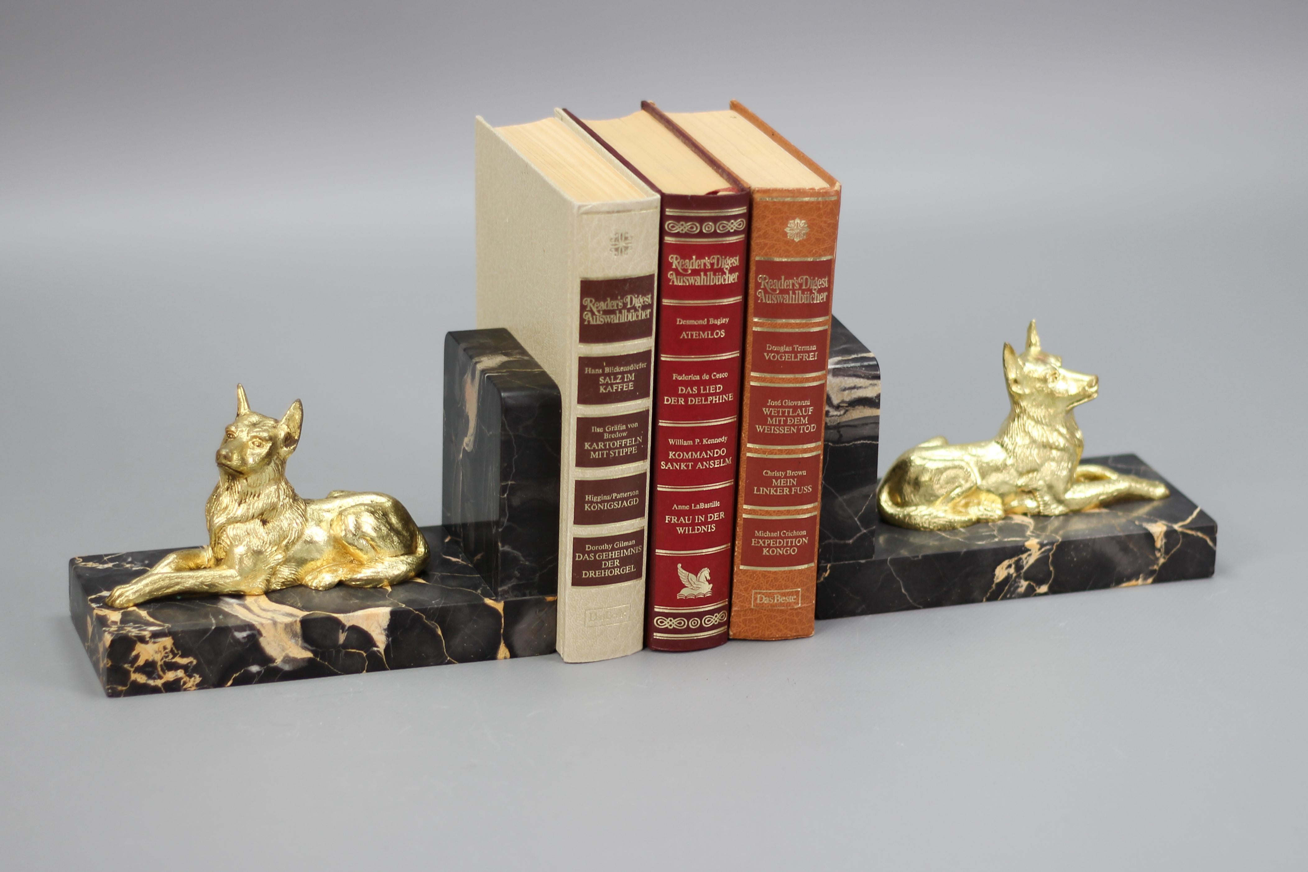 Mid-20th Century French Art Deco Gilt Bronze German Shepherd Dog and Black Marble Bookends For Sale