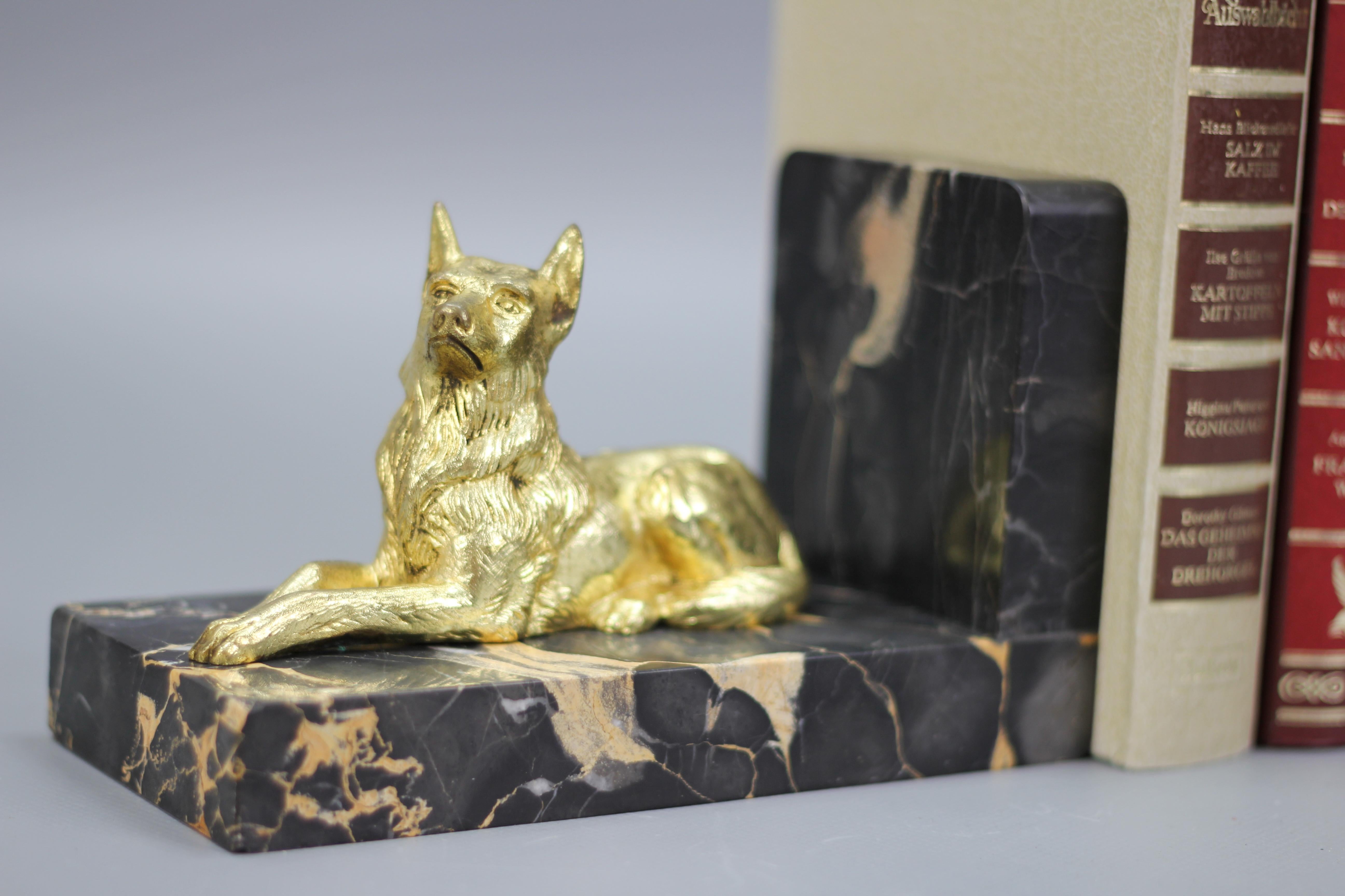 French Art Deco Gilt Bronze German Shepherd Dog and Black Marble Bookends For Sale 1