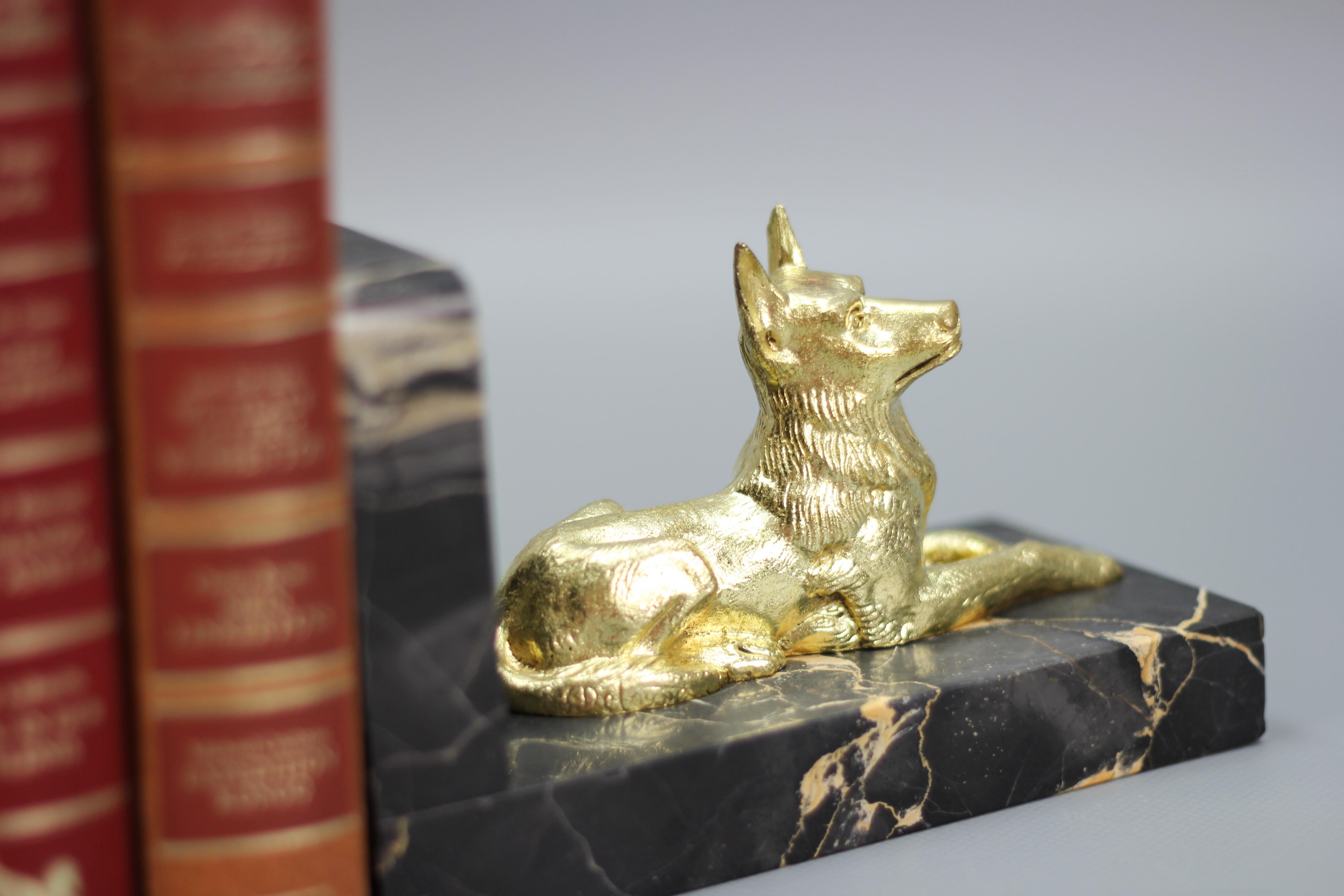 French Art Deco Gilt Bronze German Shepherd Dog and Black Marble Bookends For Sale 2