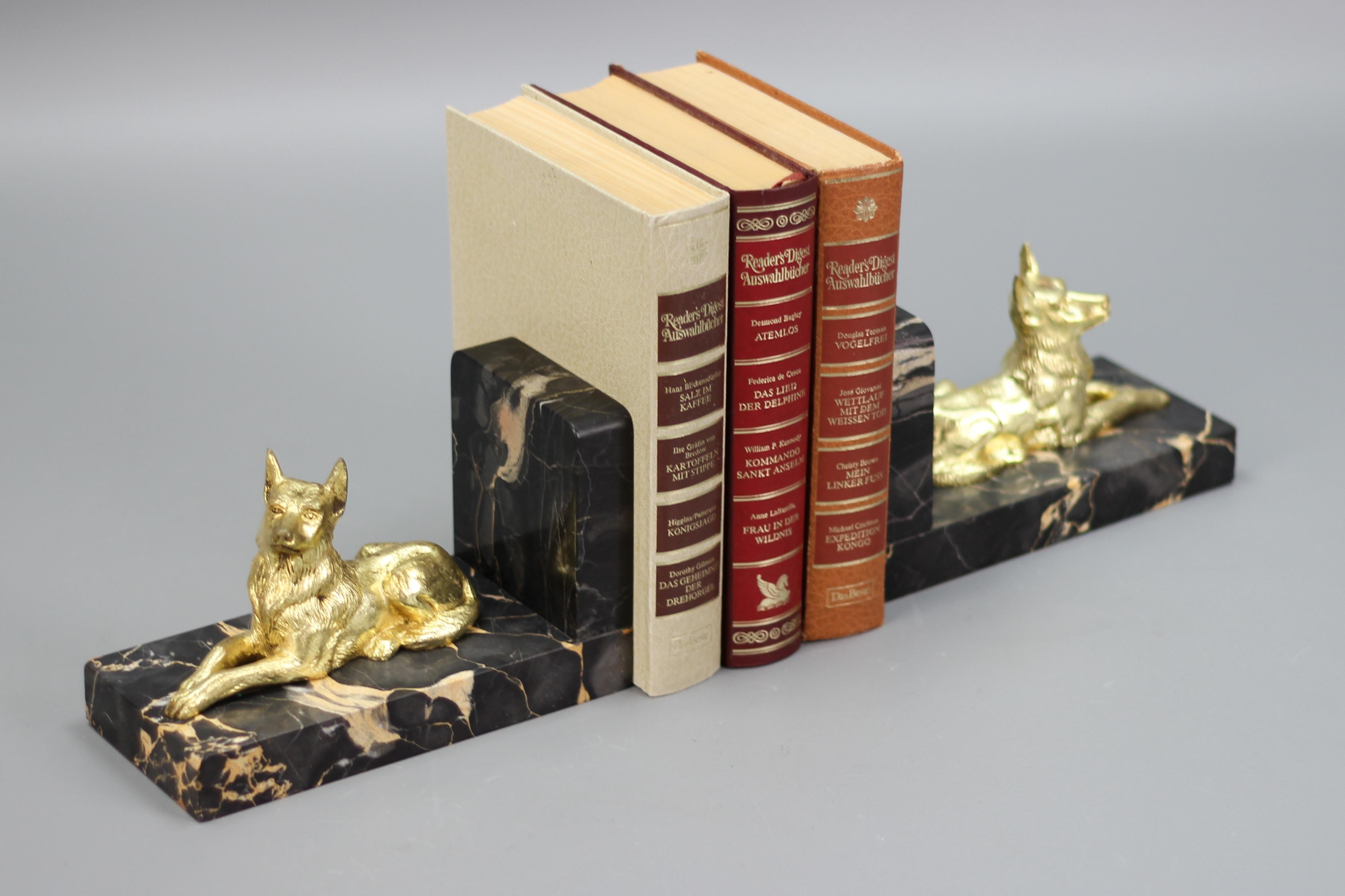 French Art Deco Gilt Bronze German Shepherd Dog and Black Marble Bookends For Sale 3