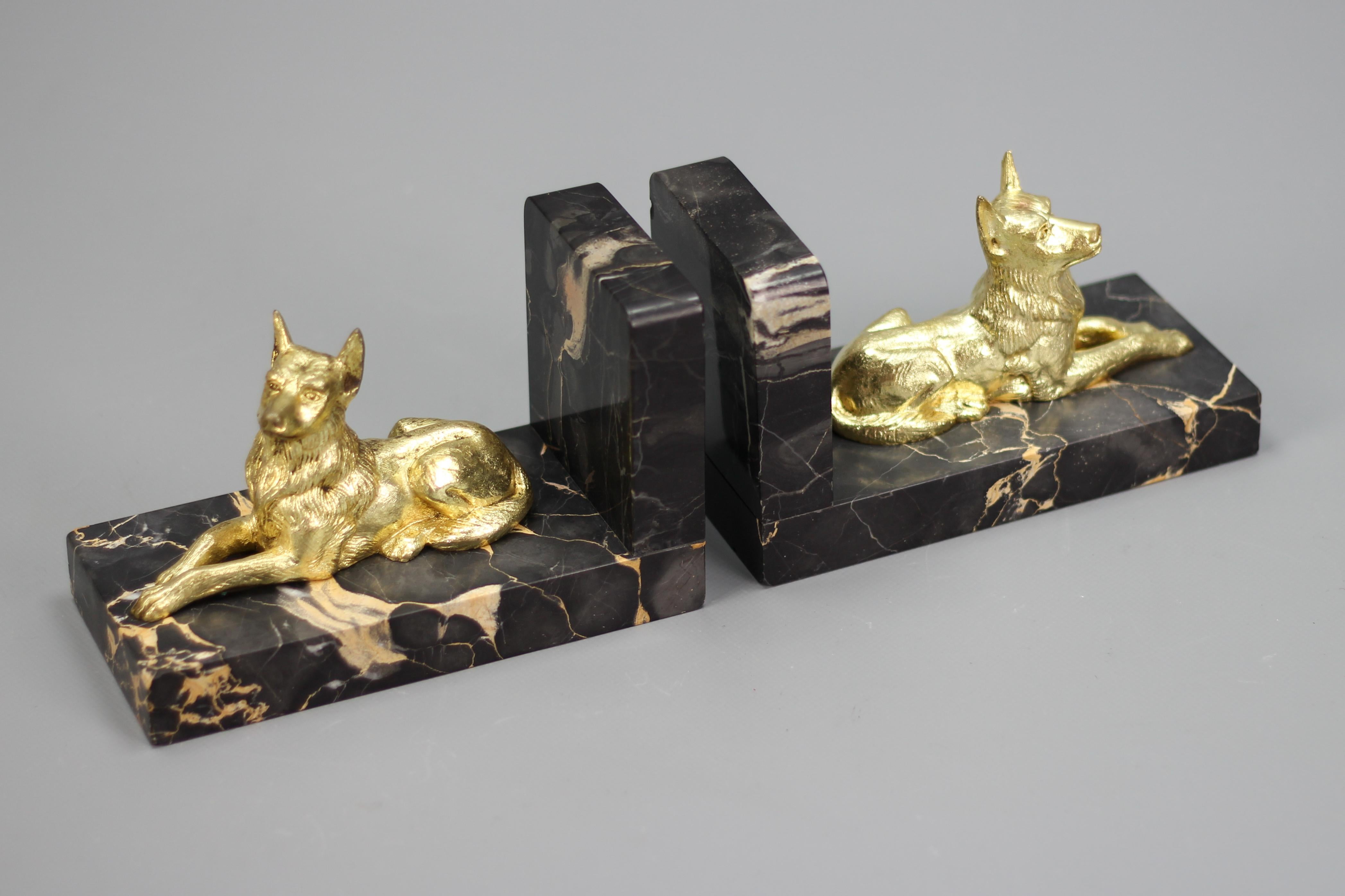 French Art Deco Gilt Bronze German Shepherd Dog and Black Marble Bookends For Sale 4