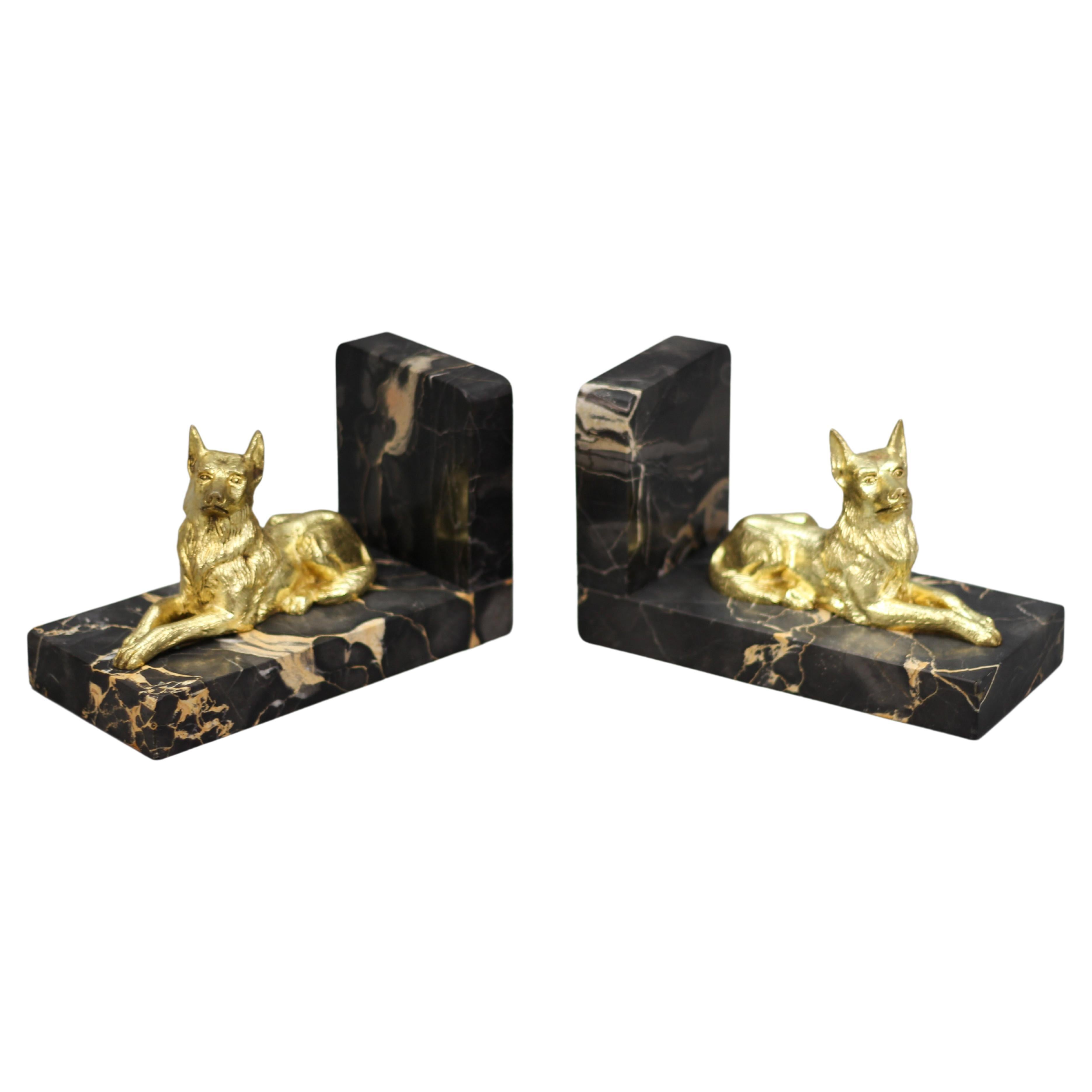 French Art Deco Gilt Bronze German Shepherd Dog and Black Marble Bookends For Sale