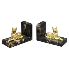 French Art Deco Gilt Bronze German Shepherd Dog and Black Marble Bookends