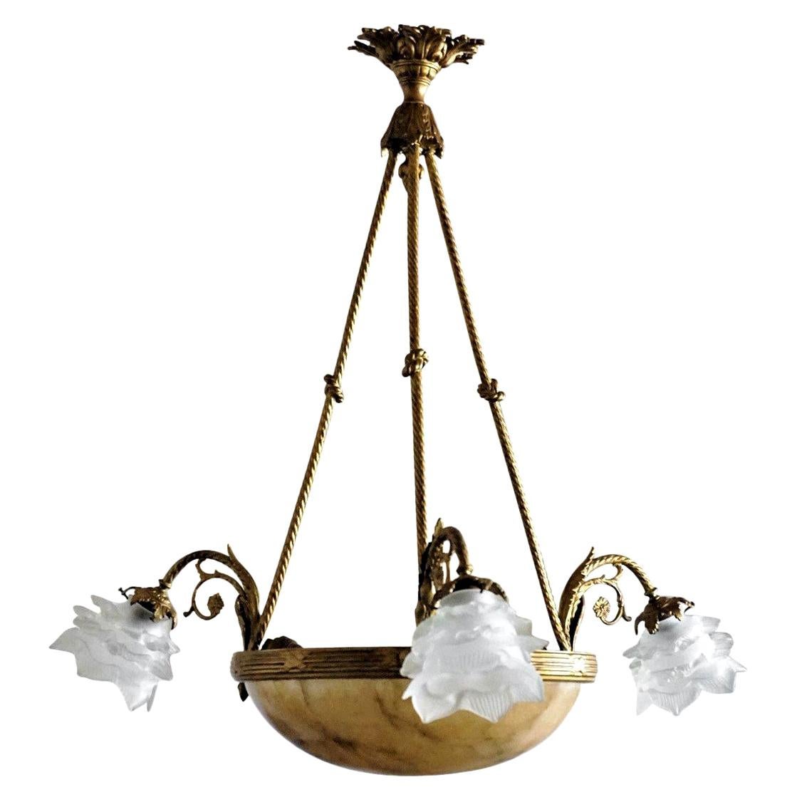 French Art Deco Alabaster Gilt Bronze Six-Light Chandelier