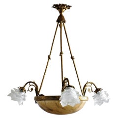 Antique French Art Deco Alabaster Gilt Bronze Six-Light Chandelier