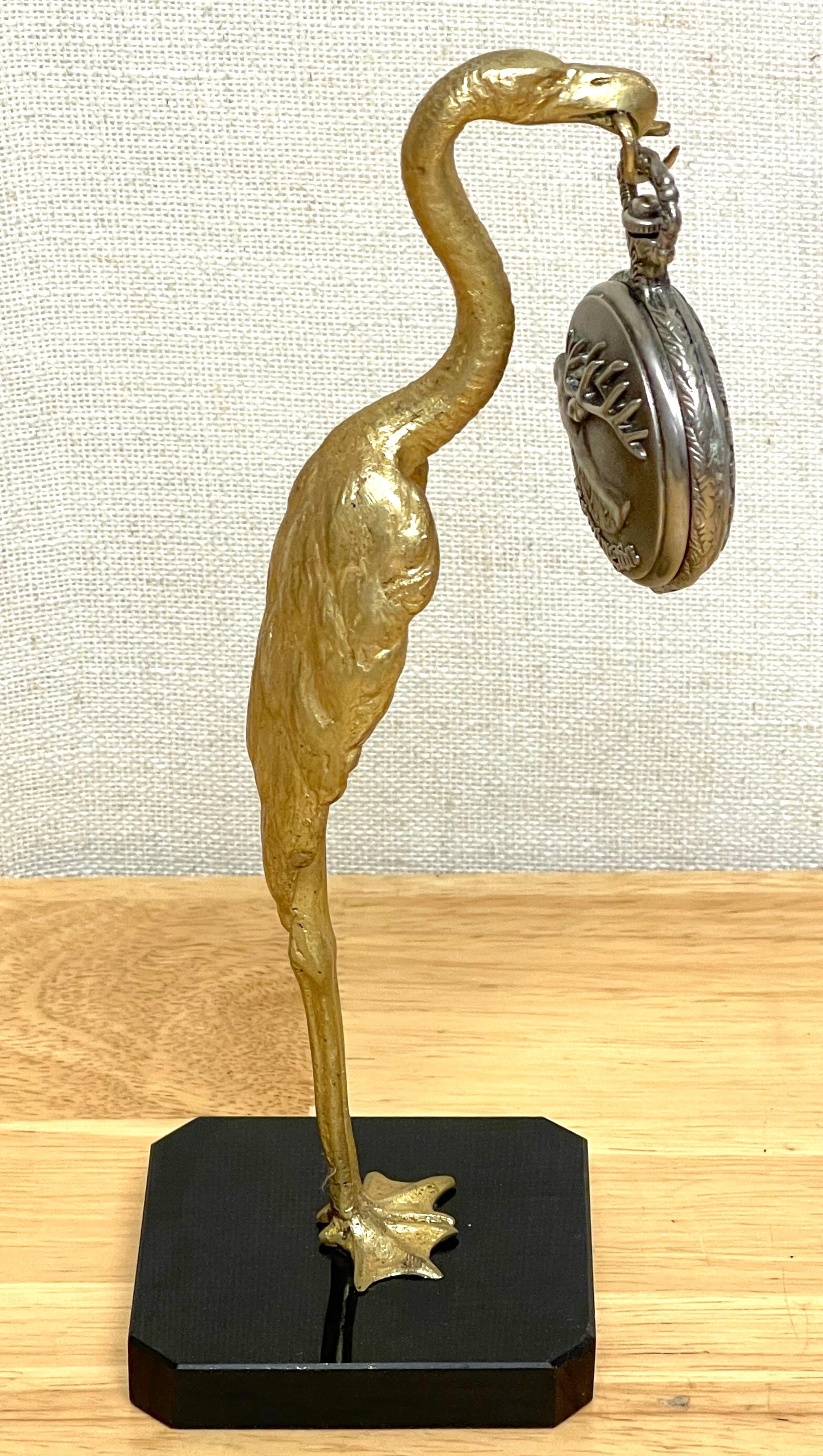 Blackened French Art Deco Gilt Bronze Standing Bird & Serpent Pocket Watch Holder For Sale