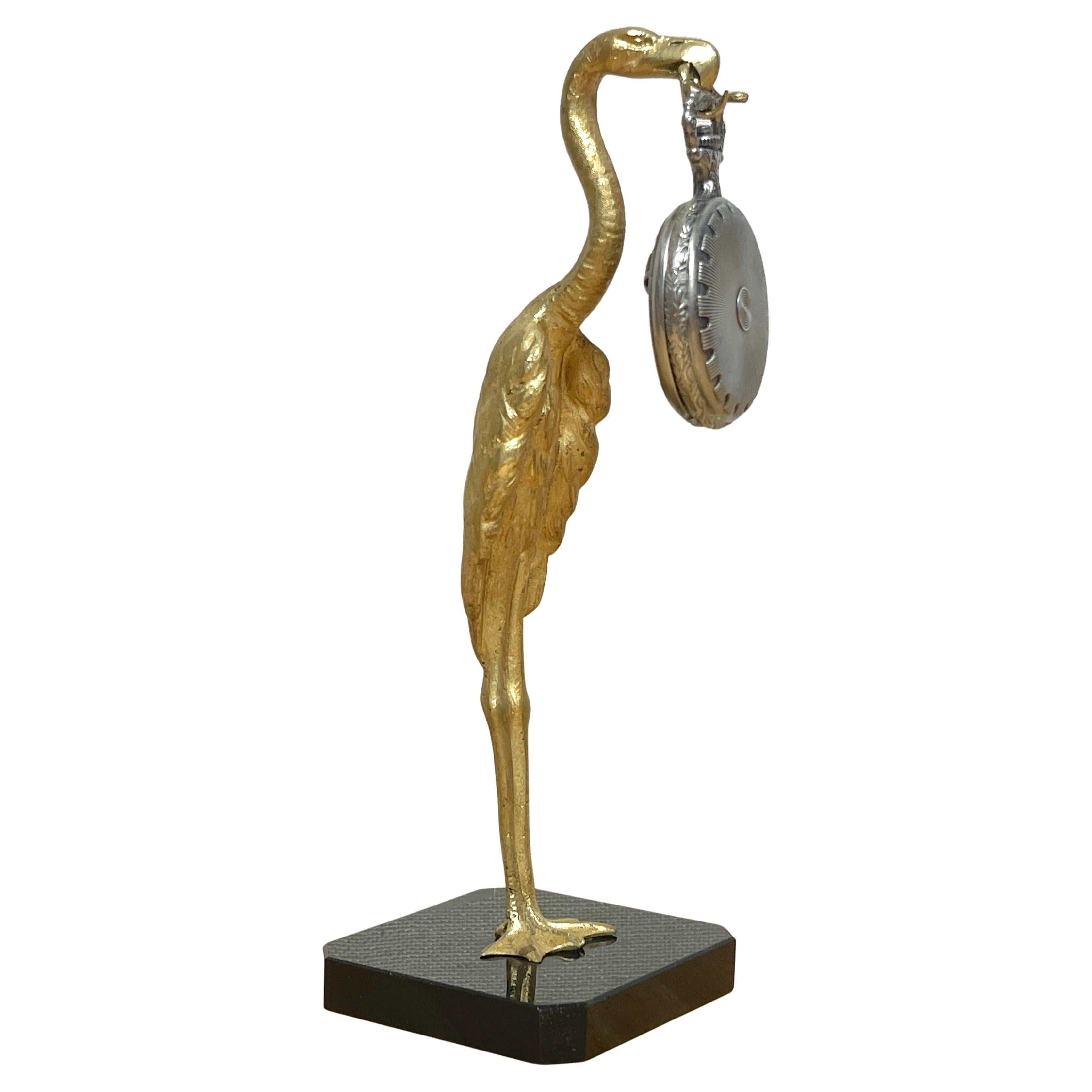 French Art Deco Gilt Bronze Standing Bird & Serpent Pocket Watch Holder For Sale