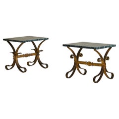 Tavolino Art Déco francese in ferro dorato e marmo verde, anni ’50 – 2 pezzi disponibili