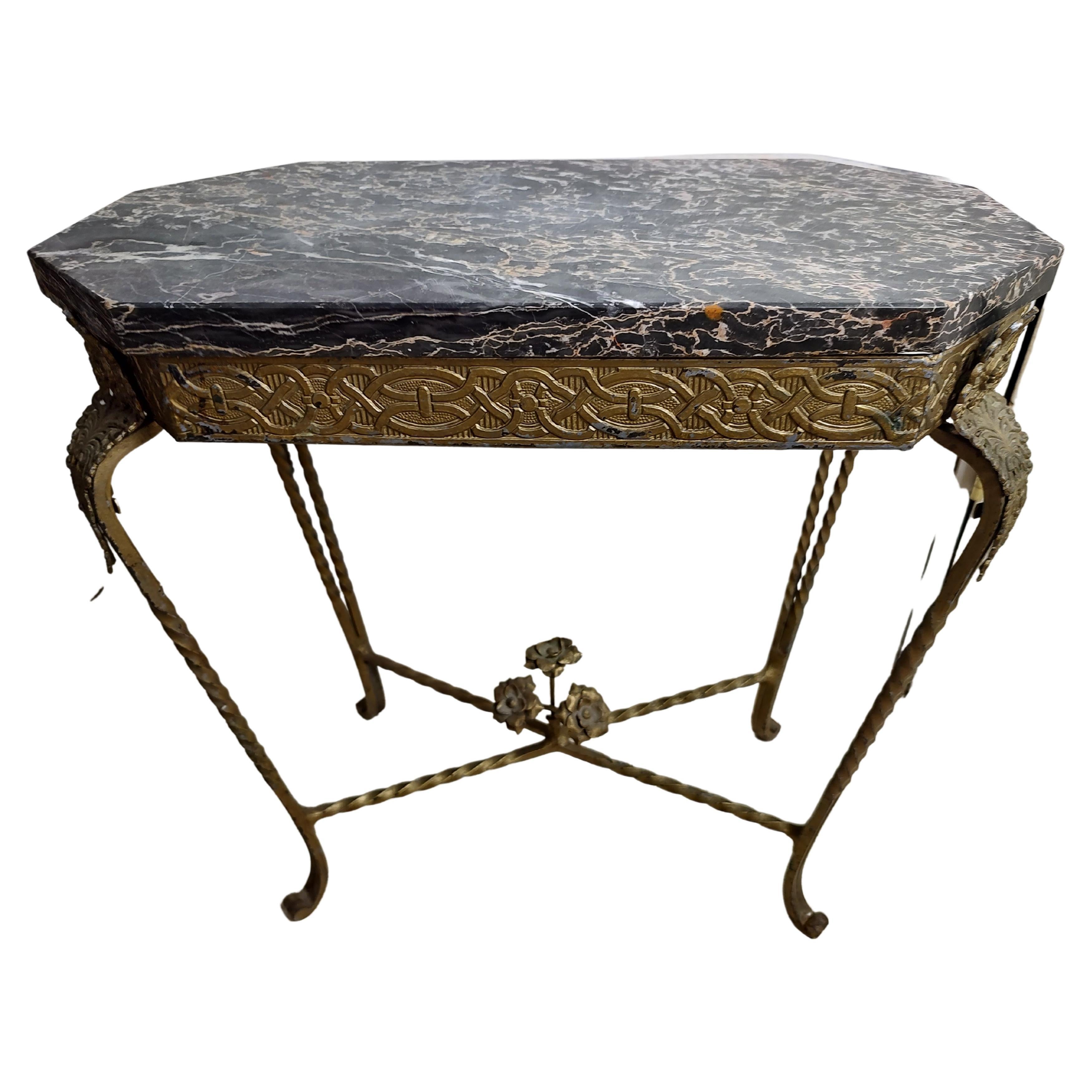 Mid-20th Century French Art Deco Gilt Iron with Marble Top Side Table For Sale