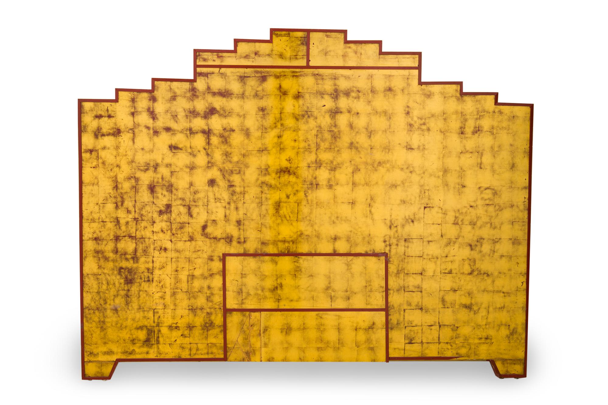 French Art Deco king sized headboard with applied square gold leaf sheets and geometric shape pediment top with red lacquer trim (includes: headboard only) (Attributed to Katsu Hamanaka 1895 ‚Äì 1982)
