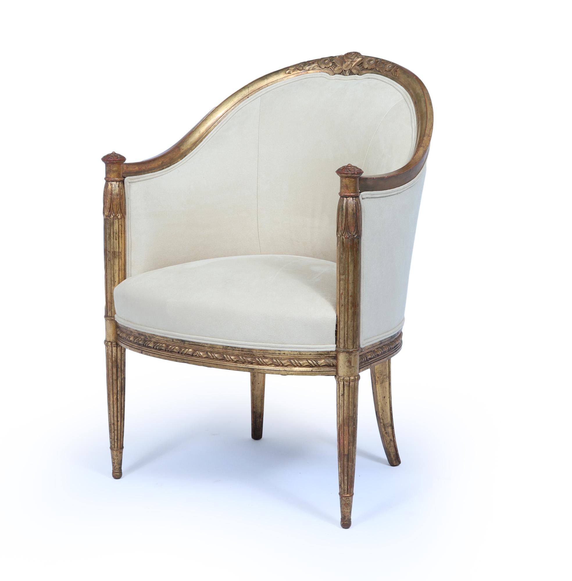 Art Deco Gilt-wood Arm Chair
A stunning carved and parcel gilt armchair, attributed to Paul Follot, having a curved back with floral carving to the top, reeded legs with intricate detail, the chair has original gilding and is of exceptional quality