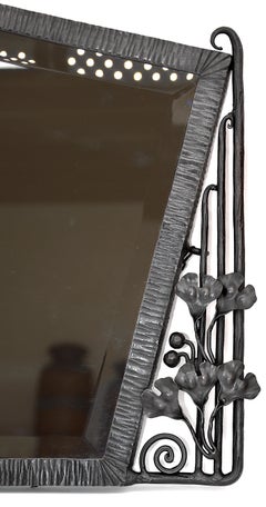 French Art Deco Wall Mirror, Wrought Iron Ginkgo Design, Circa 1920