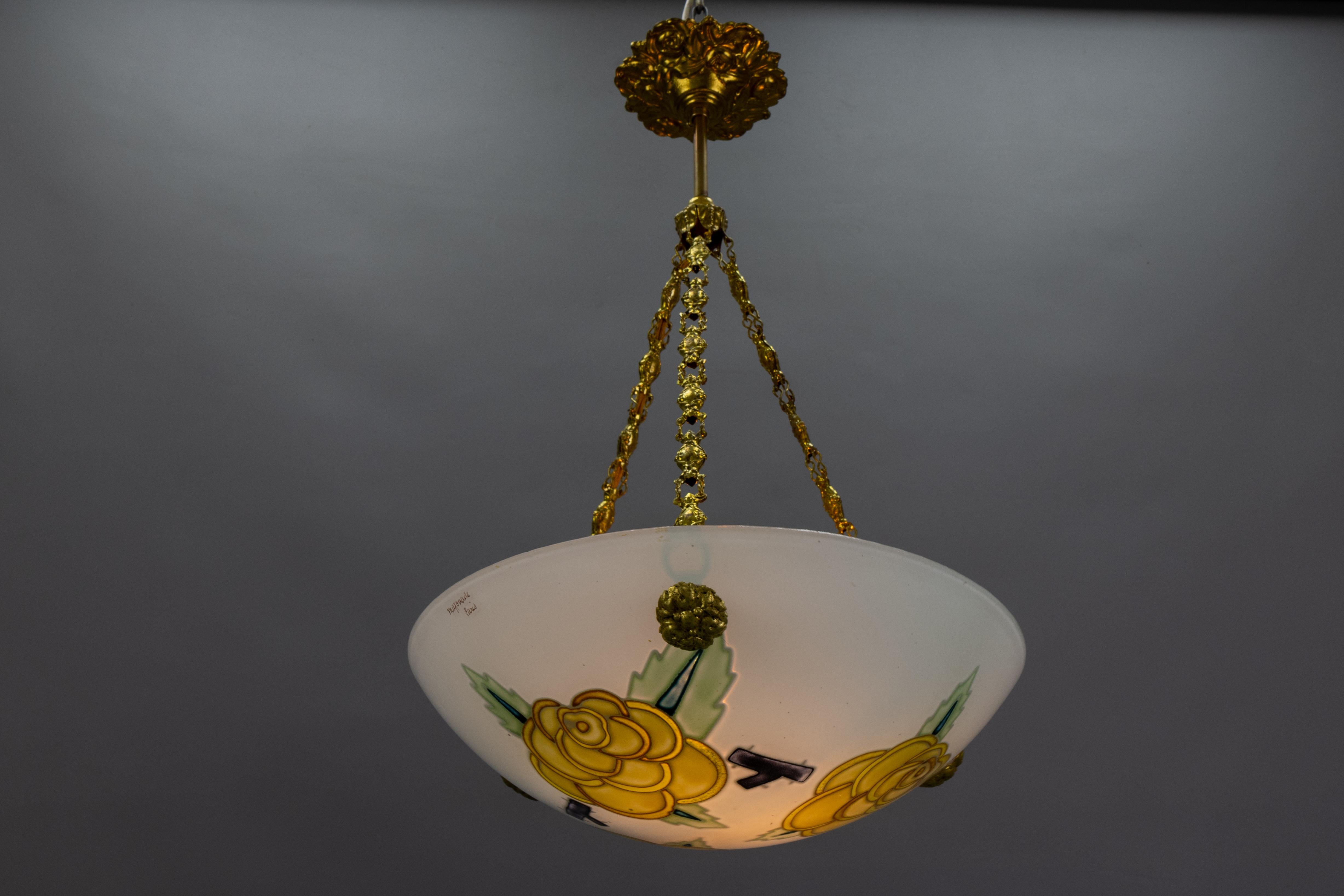 French Art Deco Glass and Brass Flower Pendant Light by Maxonade Paris, 1920s For Sale 5