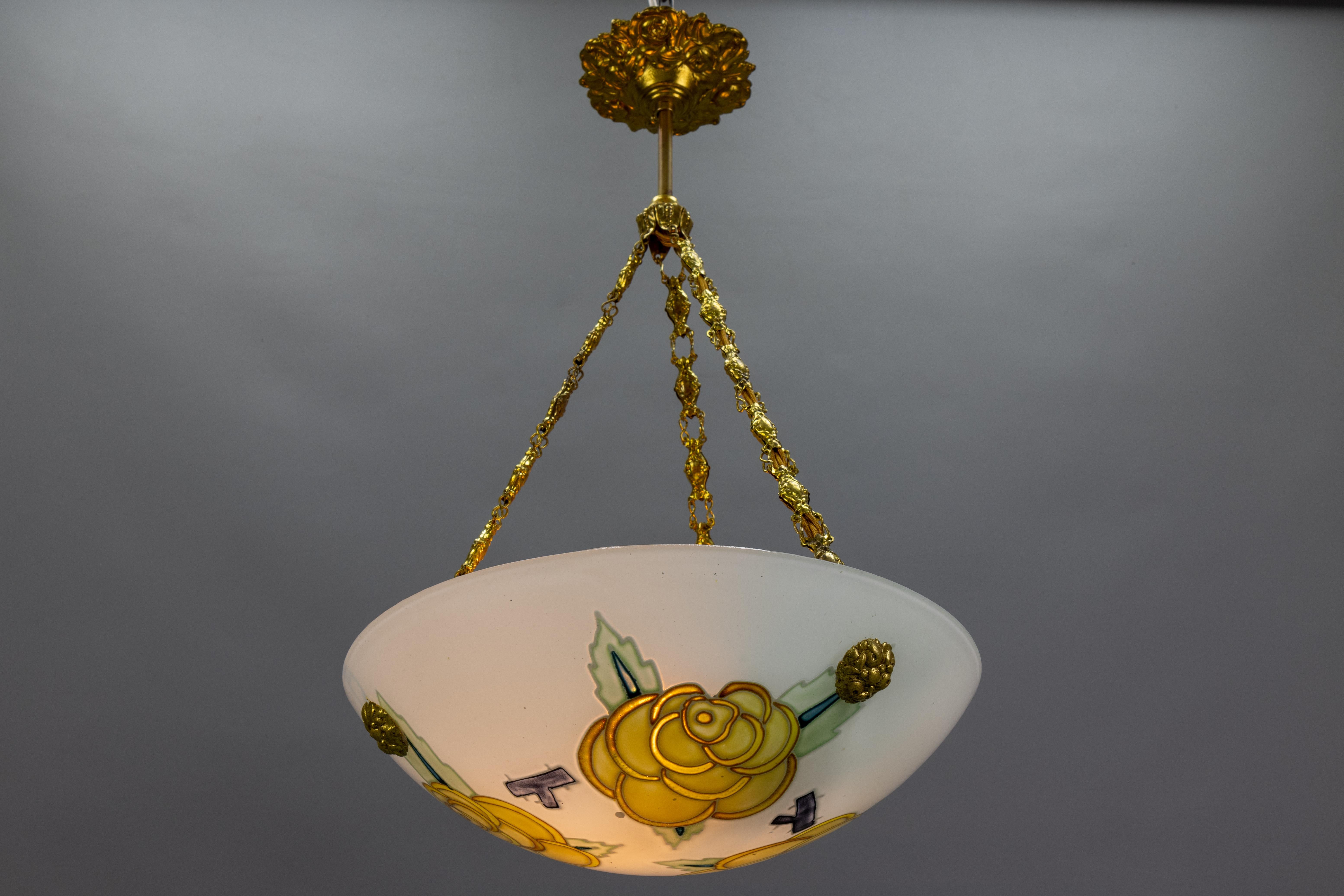 French Art Deco Glass and Brass Flower Pendant Light by Maxonade Paris, 1920s For Sale 6