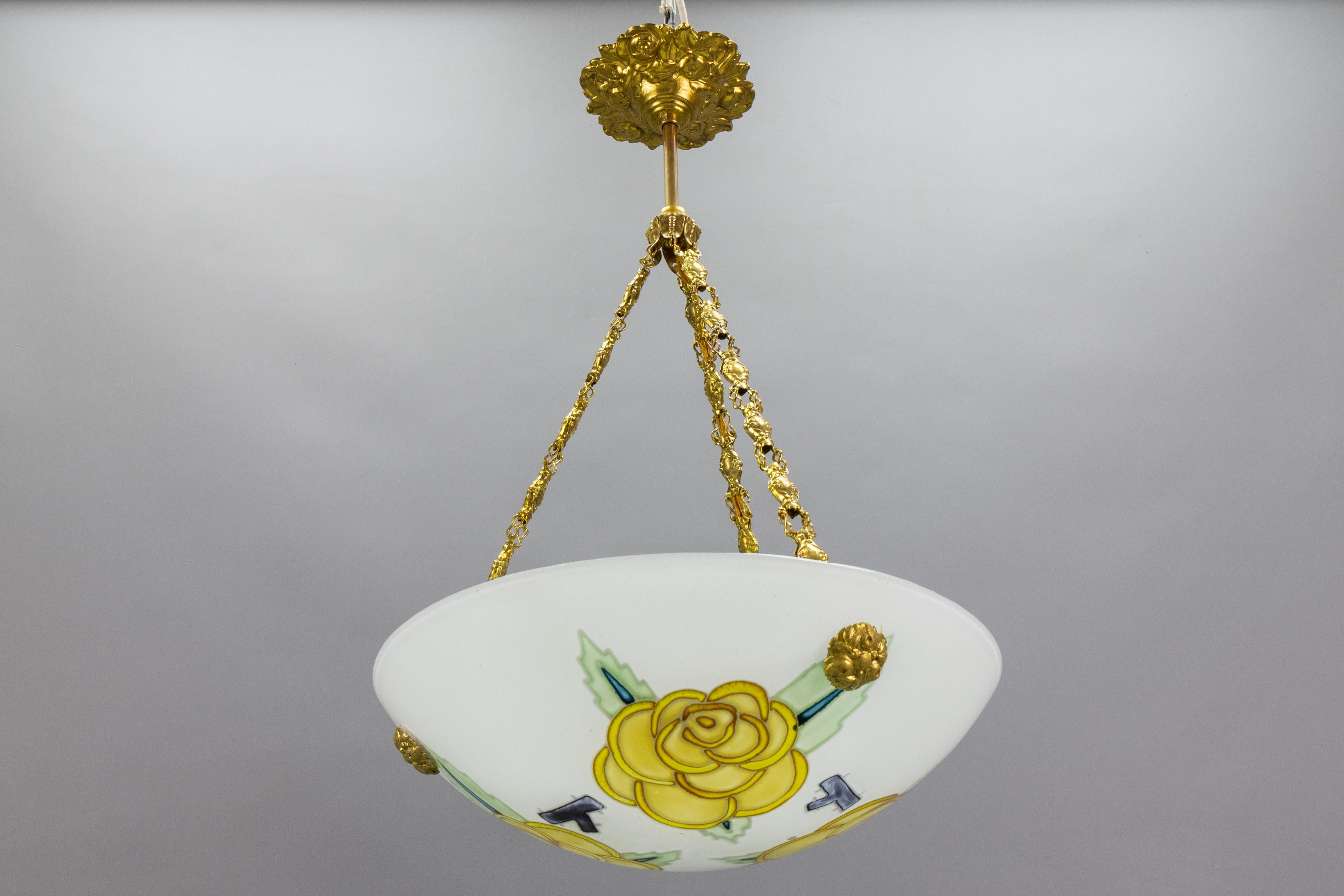French Art Deco Glass and Brass Flower Pendant Light by Maxonade Paris, 1920s For Sale 7