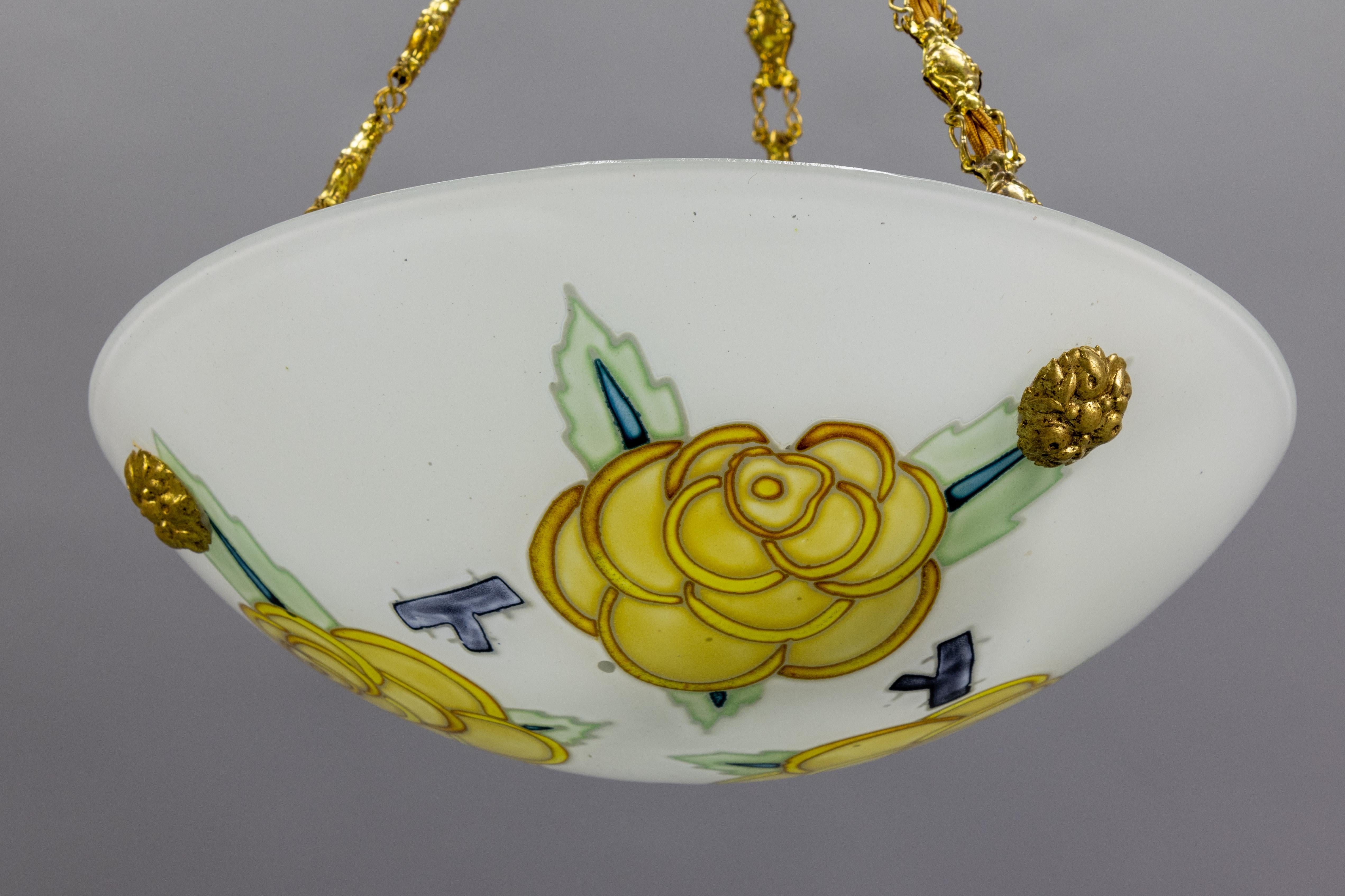 French Art Deco Glass and Brass Flower Pendant Light by Maxonade Paris, 1920s For Sale 8
