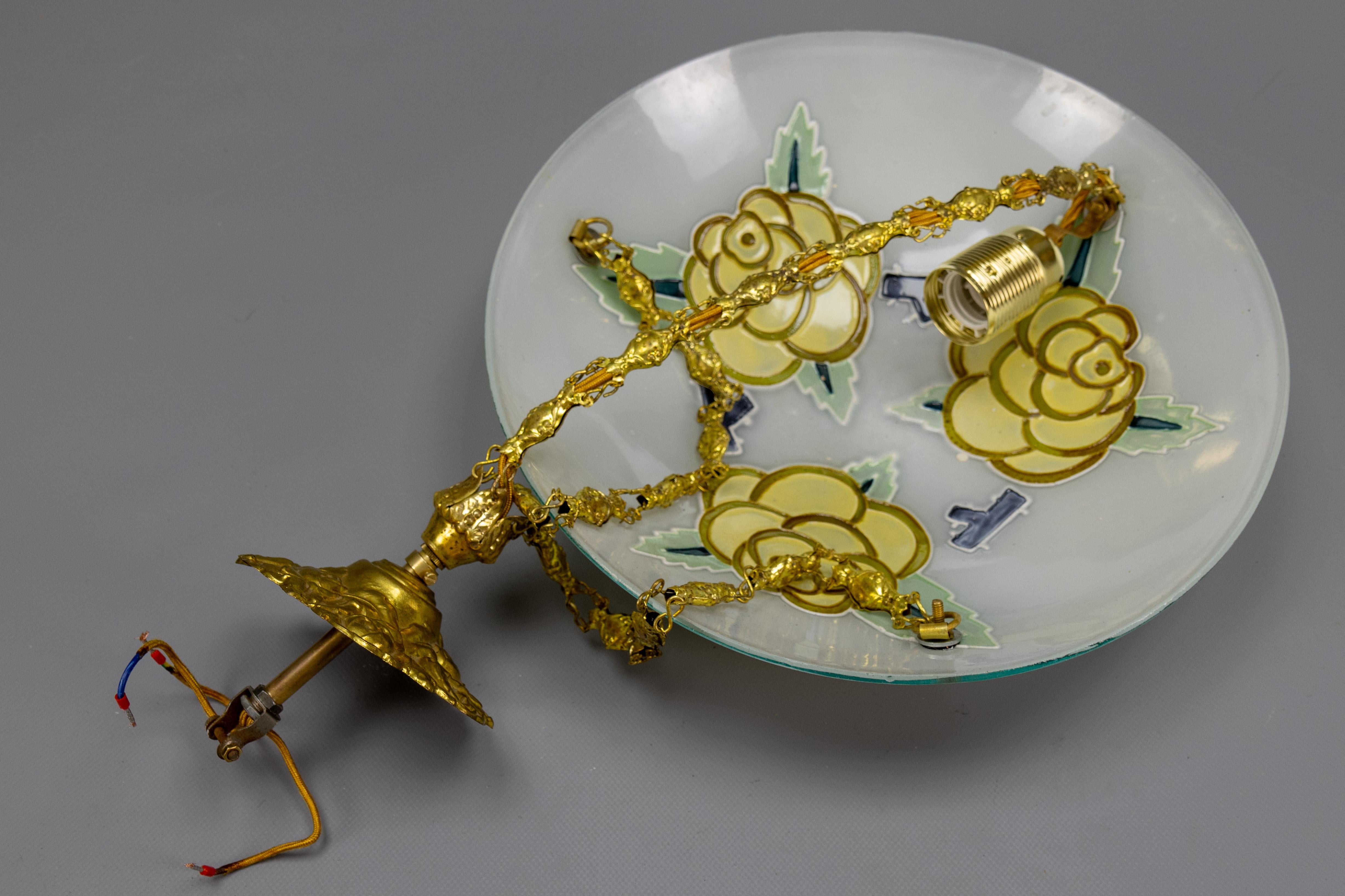 French Art Deco Glass and Brass Flower Pendant Light by Maxonade Paris, 1920s For Sale 13