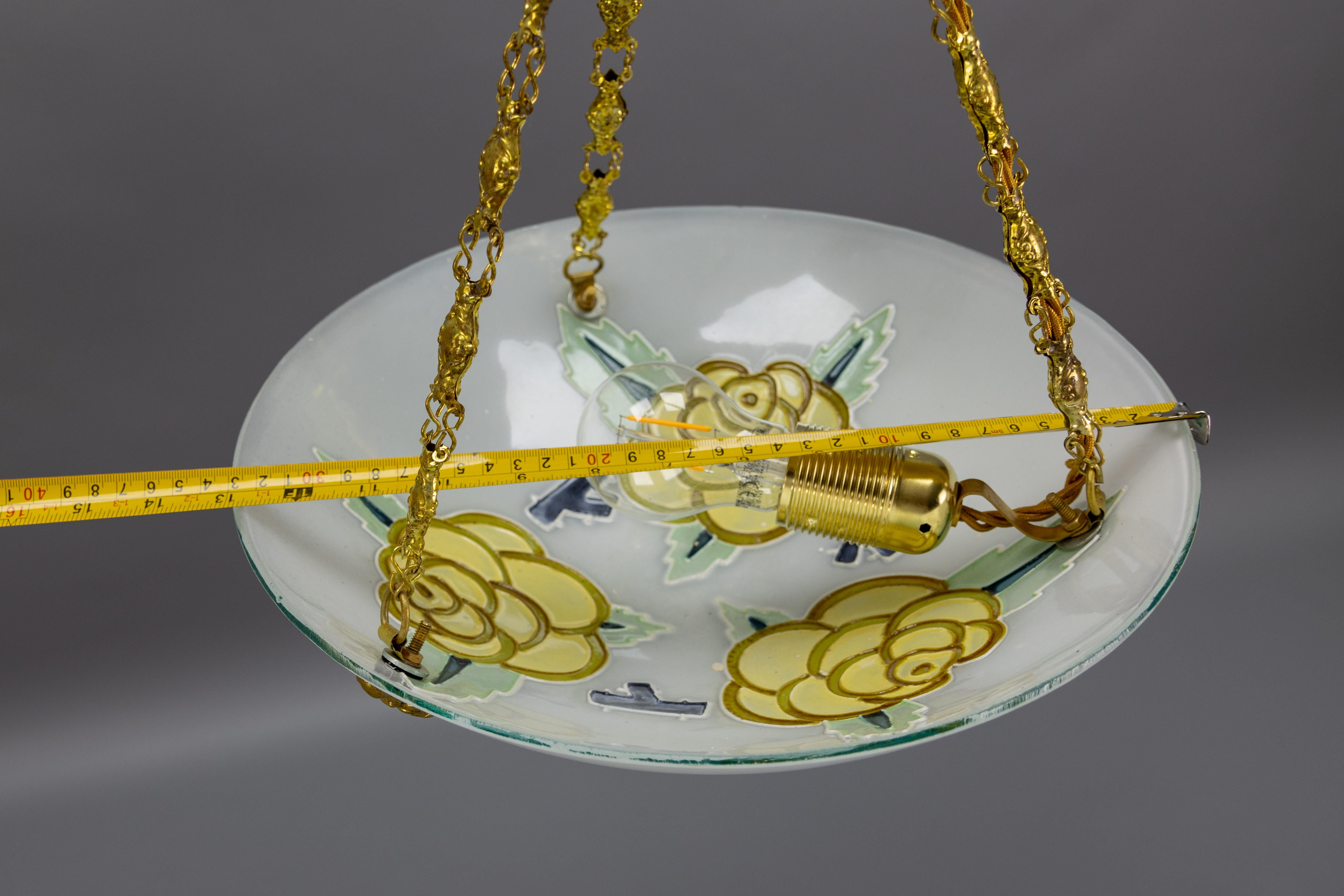 French Art Deco Glass and Brass Flower Pendant Light by Maxonade Paris, 1920s For Sale 14