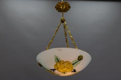 French Art Deco Glass and Brass Flower Pendant Light by Maxonade Paris, 1920s