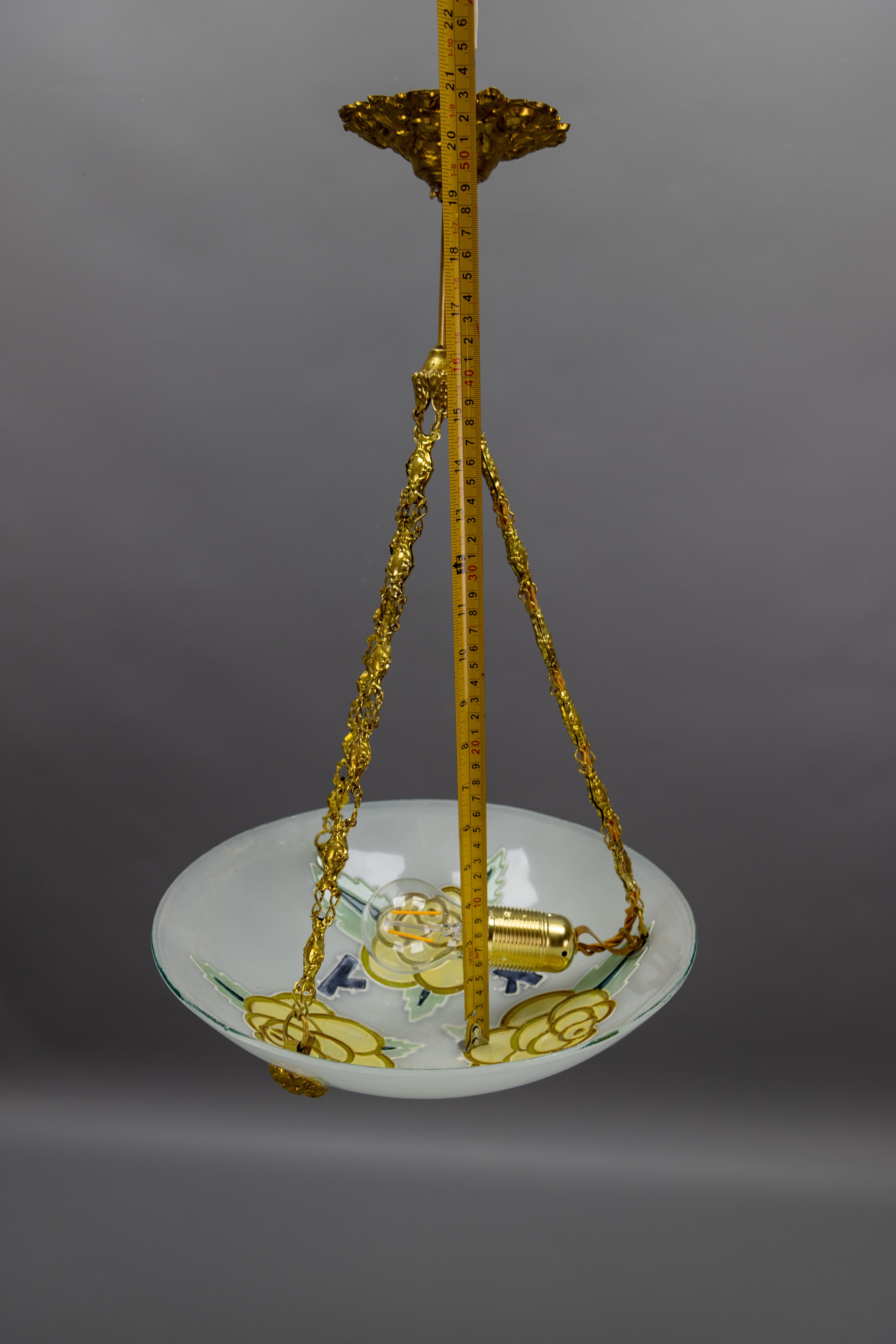 French Art Deco Glass and Brass Flower Pendant Light by Maxonade Paris, 1920s For Sale 15