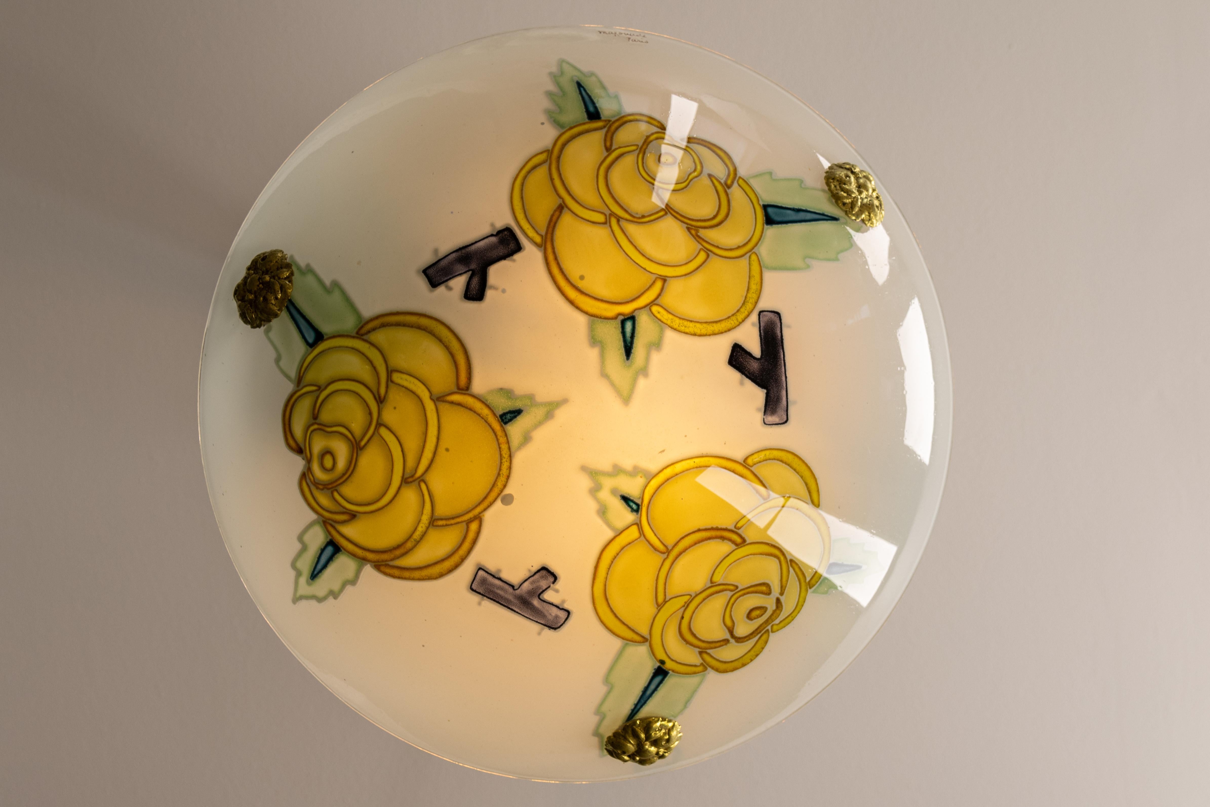 Hand-Painted French Art Deco Glass and Brass Flower Pendant Light by Maxonade Paris, 1920s For Sale
