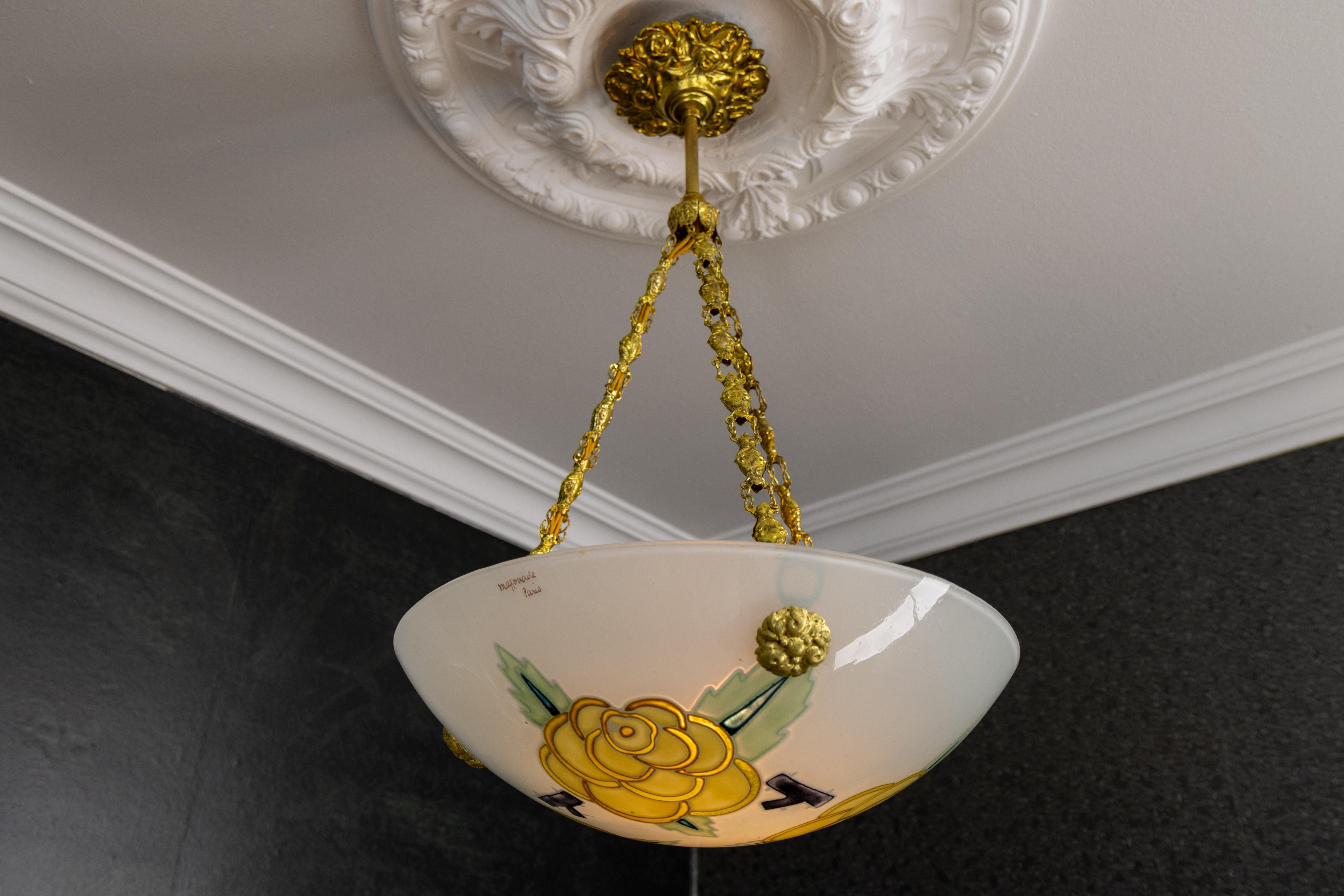 Early 20th Century French Art Deco Glass and Brass Flower Pendant Light by Maxonade Paris, 1920s For Sale