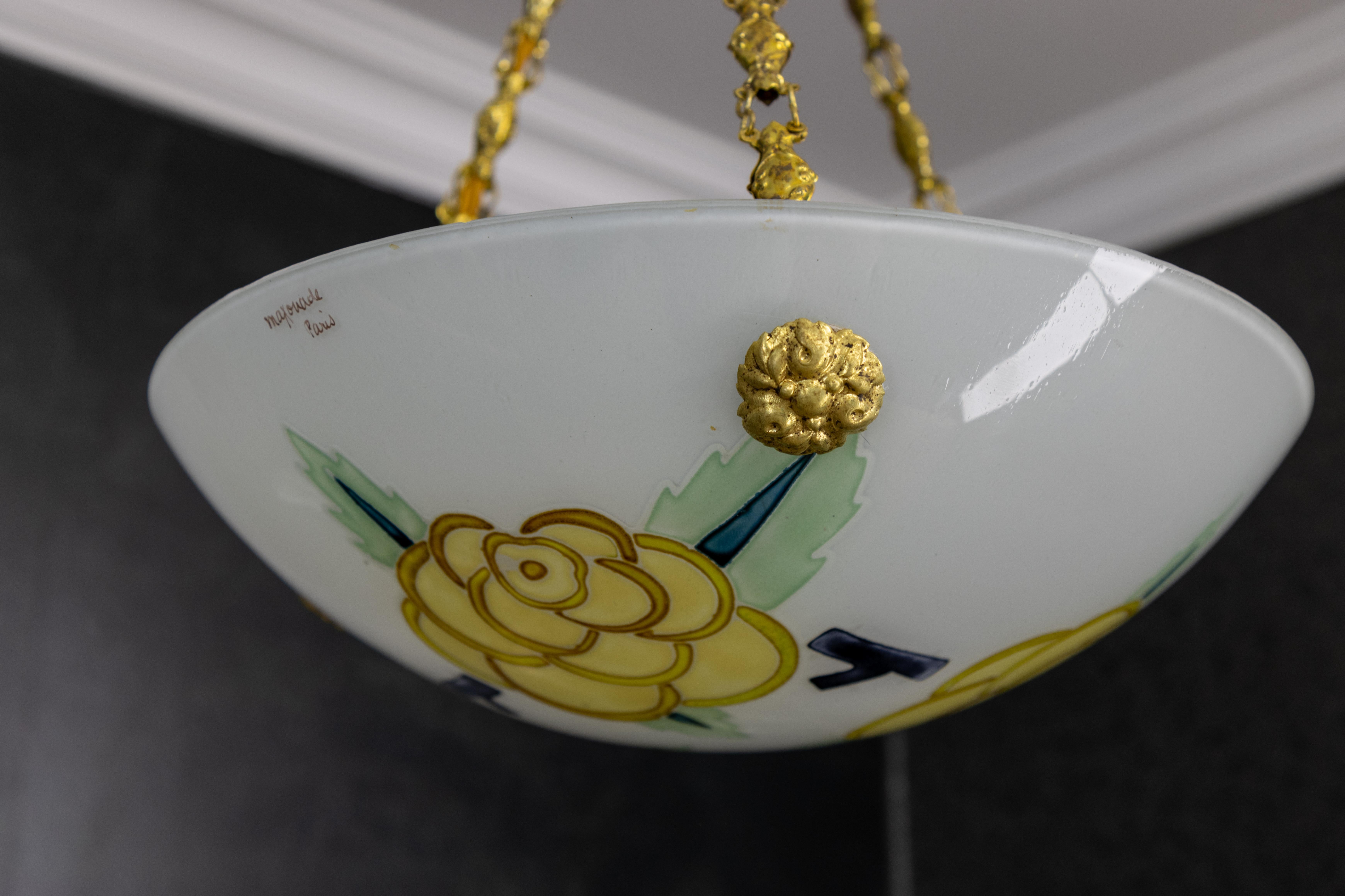 French Art Deco Glass and Brass Flower Pendant Light by Maxonade Paris, 1920s For Sale 1