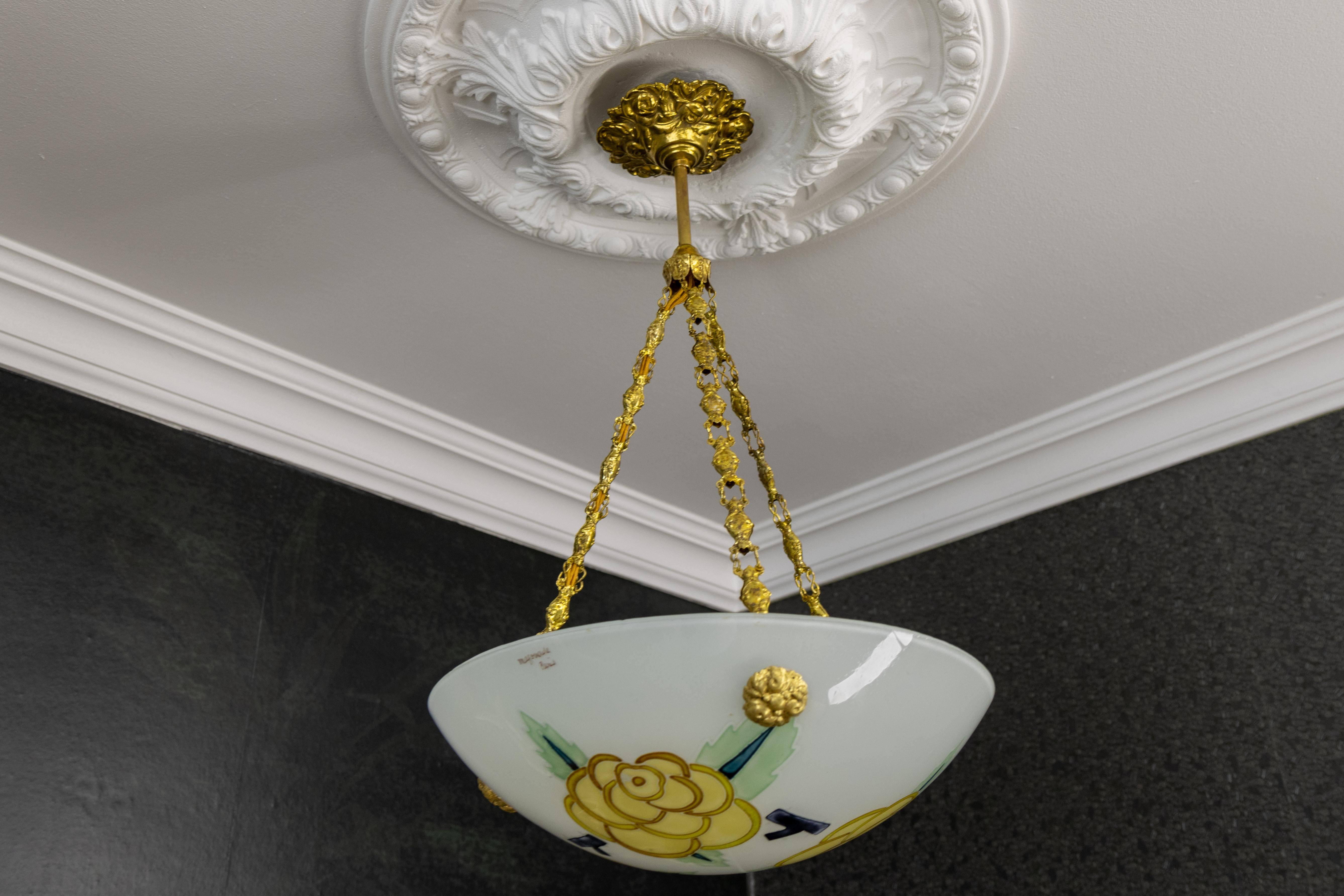 French Art Deco Glass and Brass Flower Pendant Light by Maxonade Paris, 1920s For Sale 2