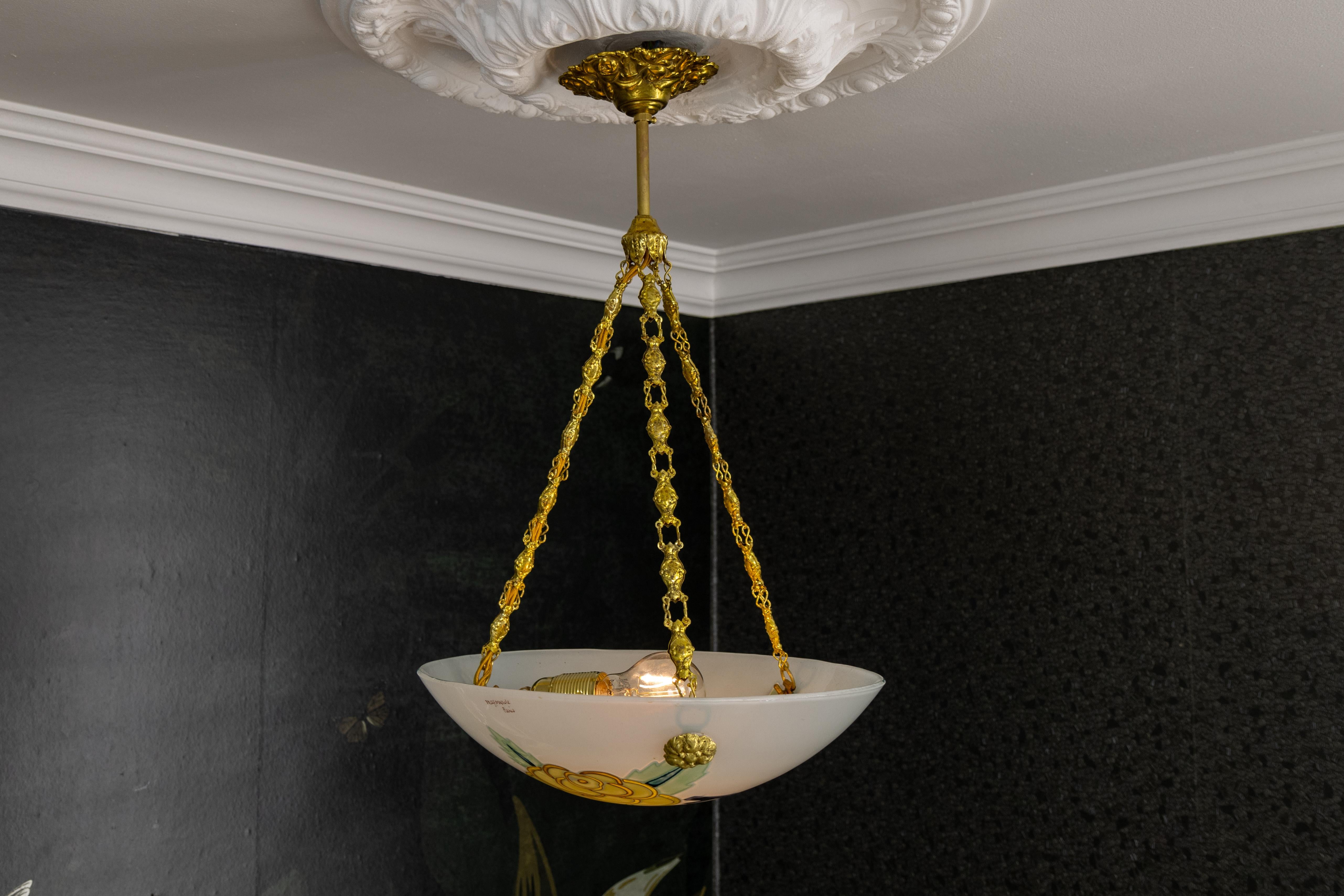 French Art Deco Glass and Brass Flower Pendant Light by Maxonade Paris, 1920s For Sale 4