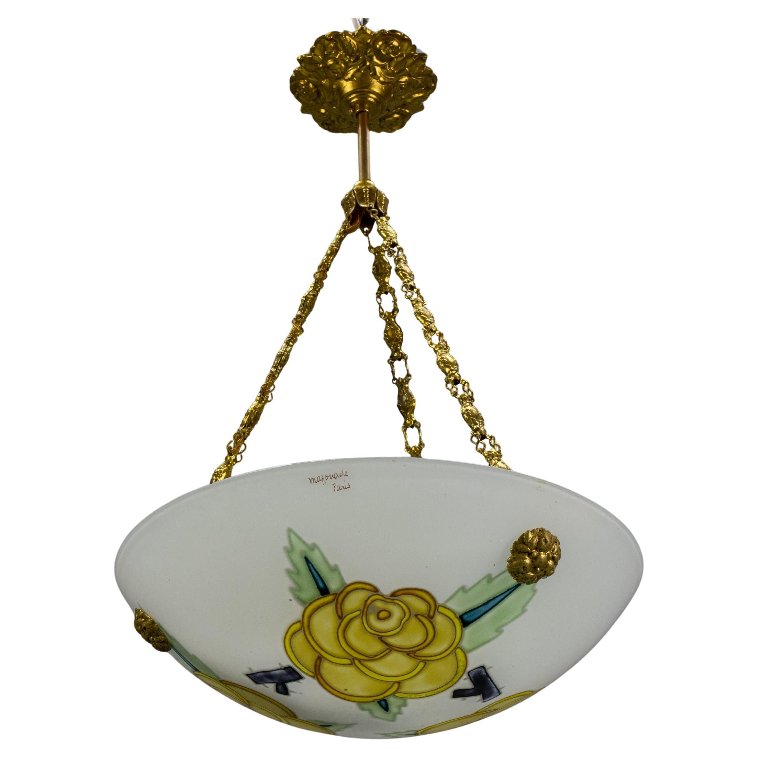 French Art Deco Glass and Brass Flower Pendant Light by Maxonade Paris, 1920s For Sale