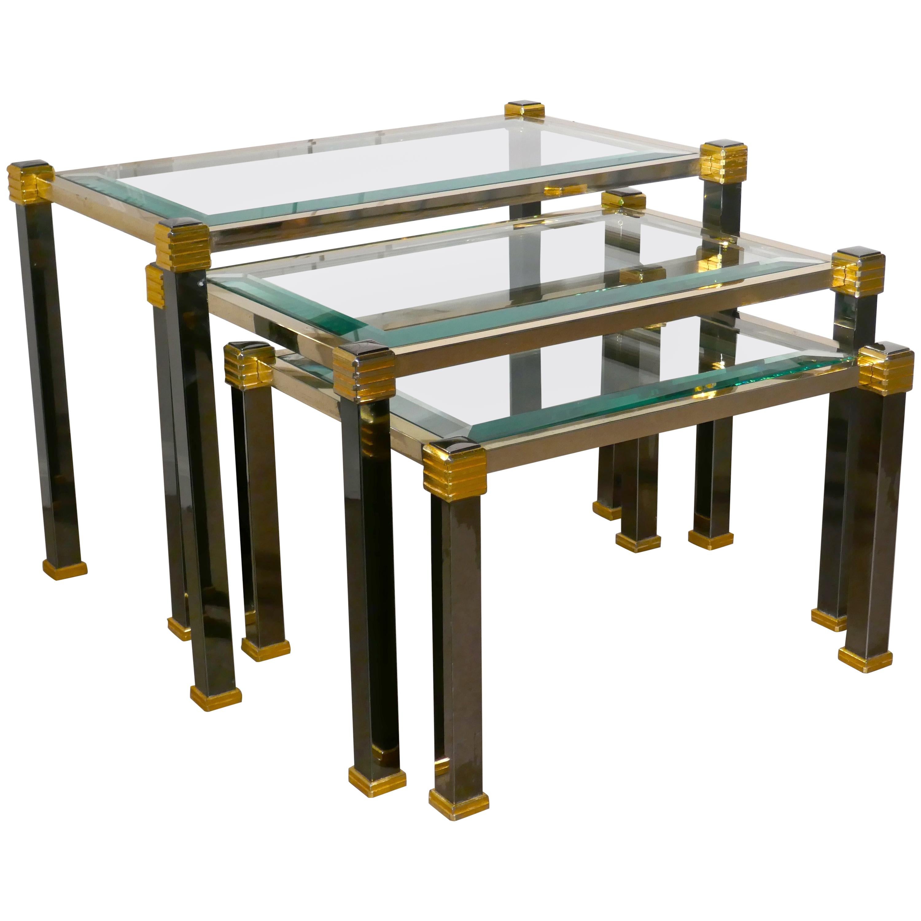 French Art Deco Glass and Brass Nest of Tables