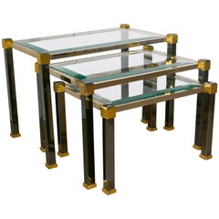 Vintage French Art Deco Glass and Brass Nest of Tables