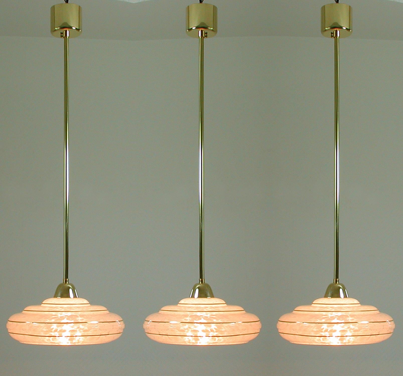 French Art Deco Glass and Brass Pendants, 1930s-1940s, Set of 3  3