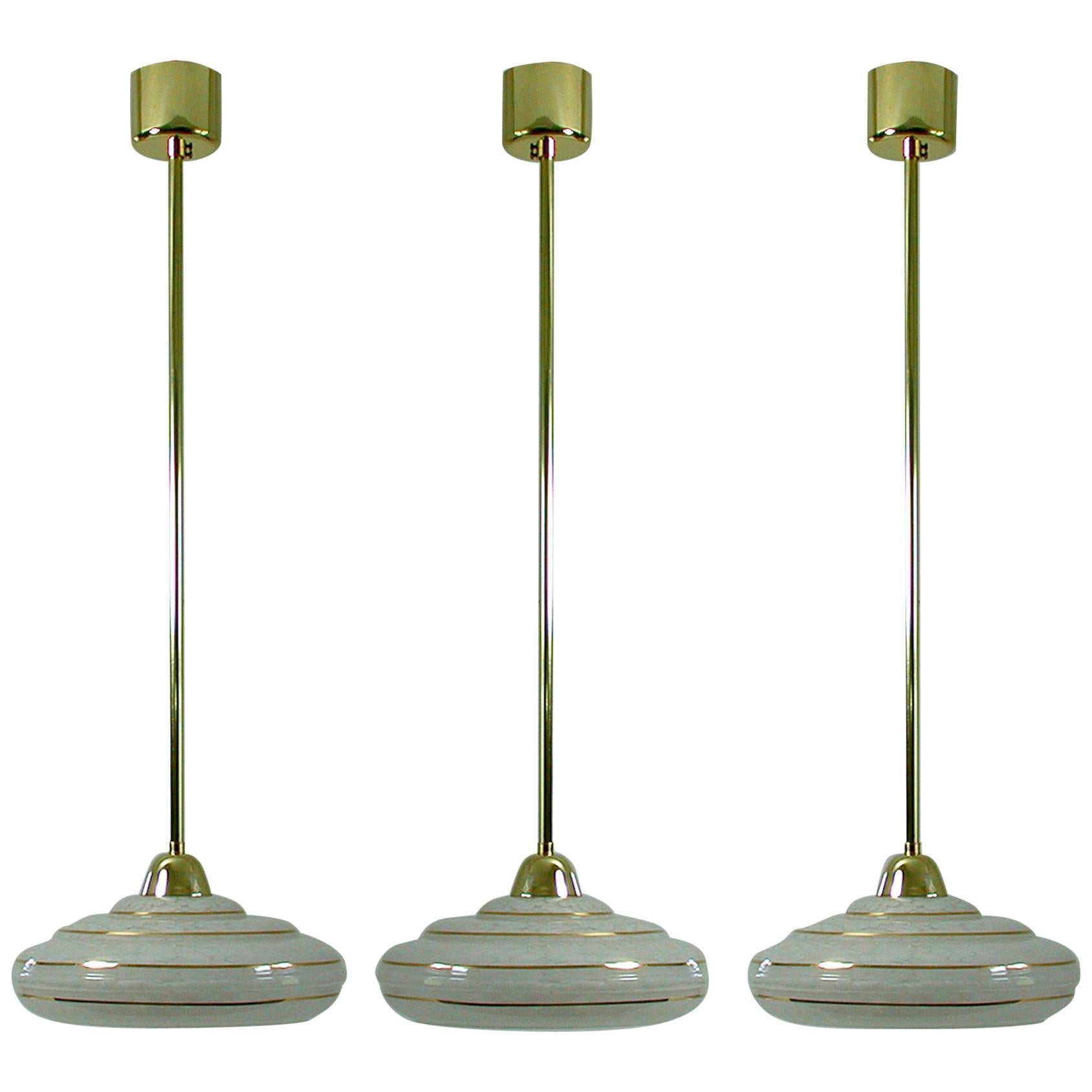 French Art Deco Glass and Brass Pendants, 1930s-1940s, Set of 3 
