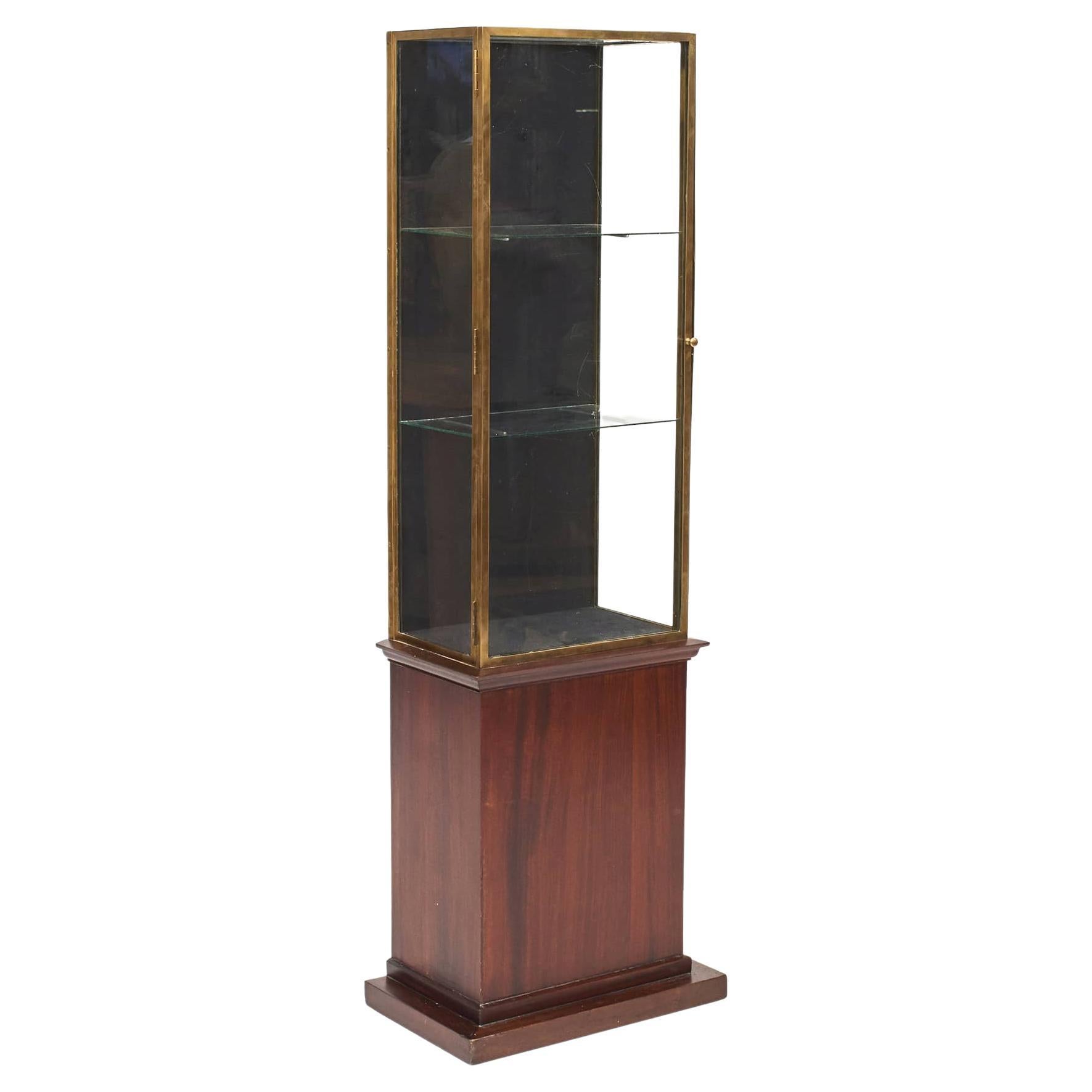 French Art Deco Glass and Brass Showcase, Mahogany Stand, France, C. 1920 For Sale