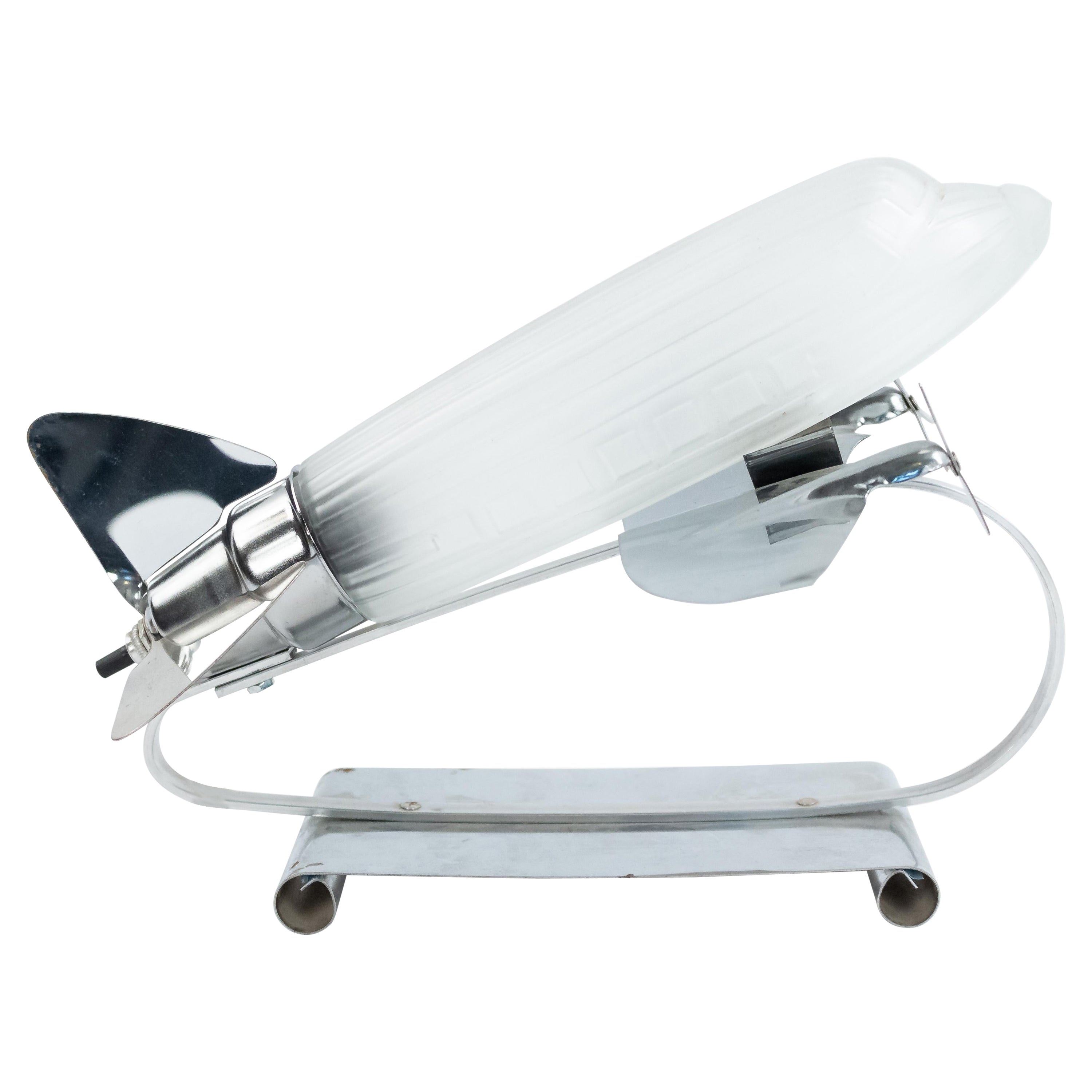 French Art Deco Glass and Chrome Airplane Lamps