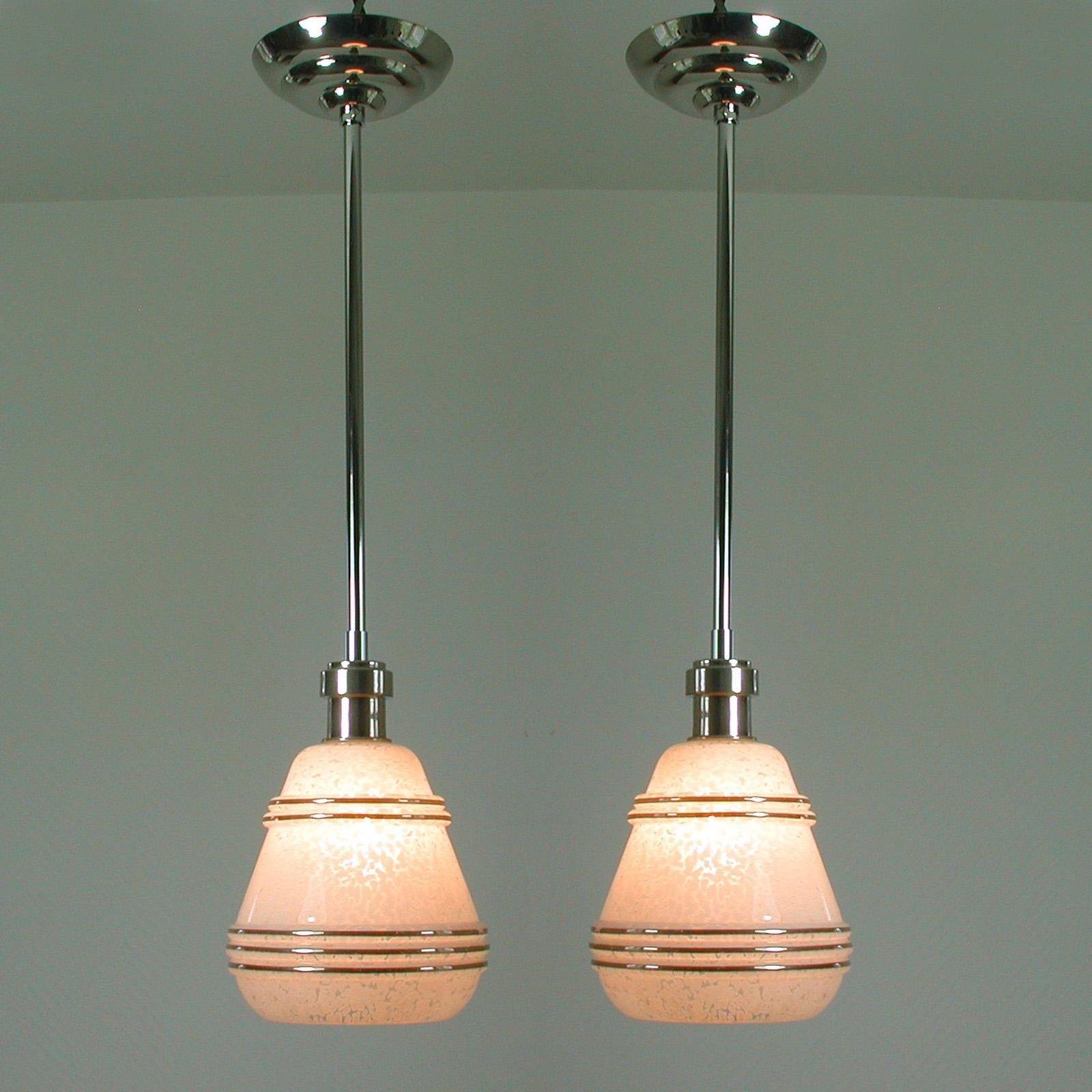 French Art Deco Glass and Chrome Pendants, 1930s-1940s, Set of 2 For Sale 7