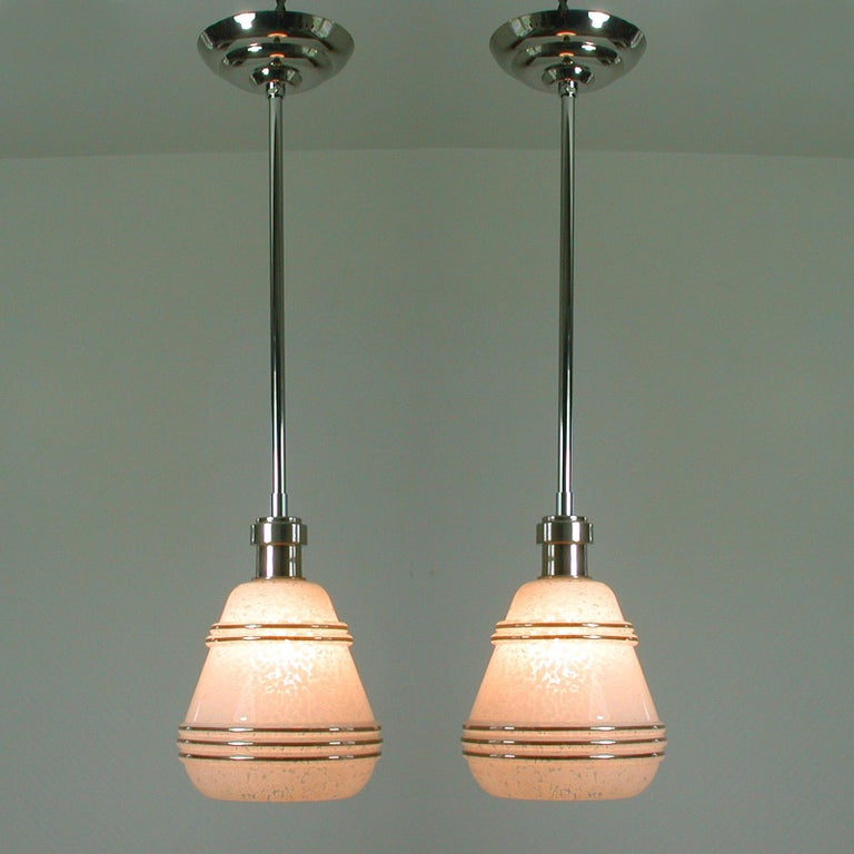 French Art Deco Glass and Chrome Pendants, 1930s-1940s, Set of 2 For Sale 7
