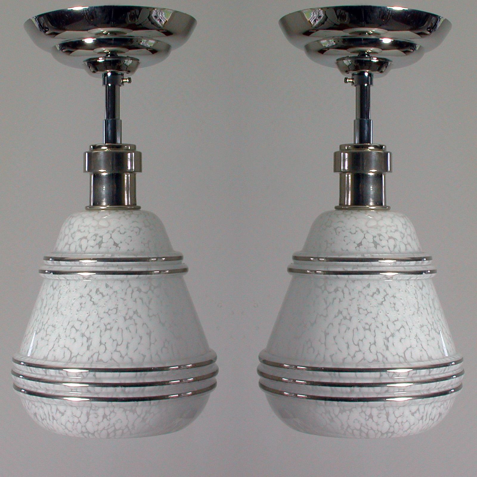 French Art Deco Glass and Chrome Pendants, 1930s-1940s, Set of 2 For Sale 10