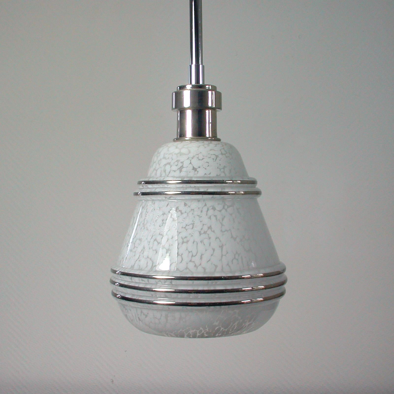 French Art Deco Glass and Chrome Pendants, 1930s-1940s, Set of 2 For Sale 1