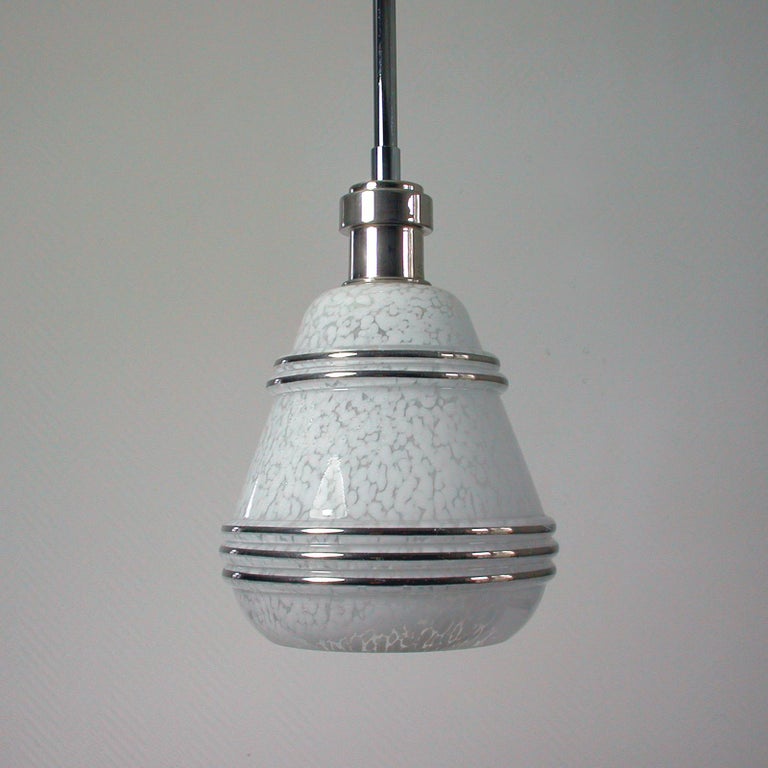 French Art Deco Glass and Chrome Pendants, 1930s-1940s, Set of 2 For Sale 4