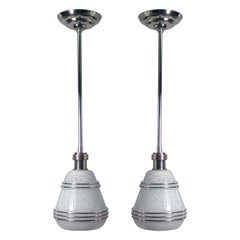 French Art Deco Glass and Chrome Pendants, 1930s-1940s, Set of 2
