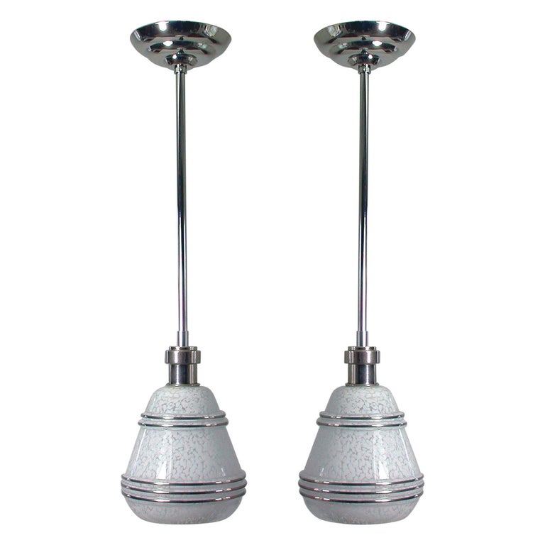 French Art Deco Glass and Chrome Pendants, 1930s-1940s, Set of 2 For Sale