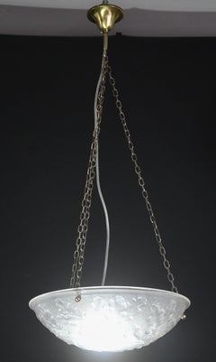 French Art Deco Glass Bowl Pendant Chandelier with floral pattern, 1950
