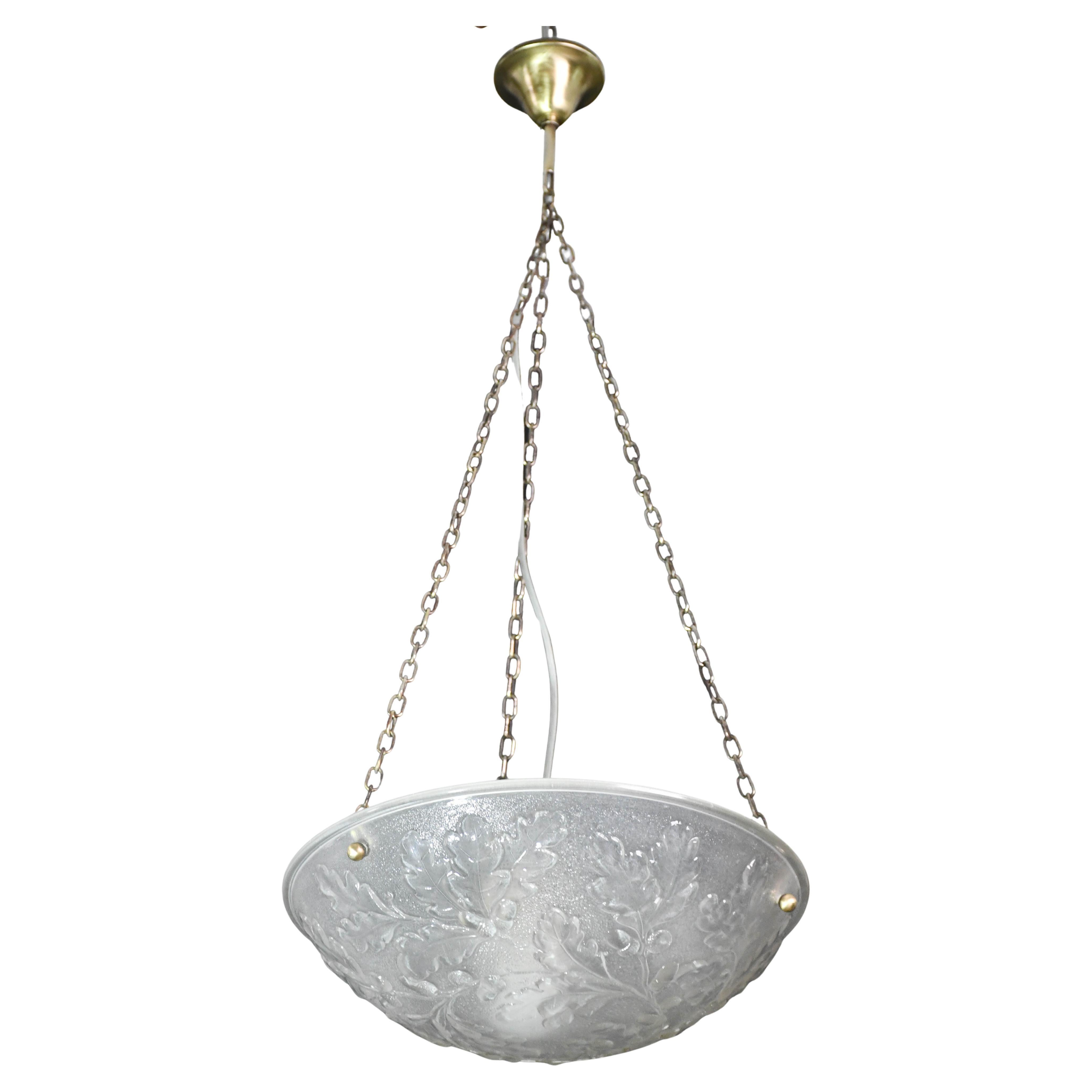 French Art Deco Glass Bowl Pendant Chandelier with floral pattern, 1950 For Sale